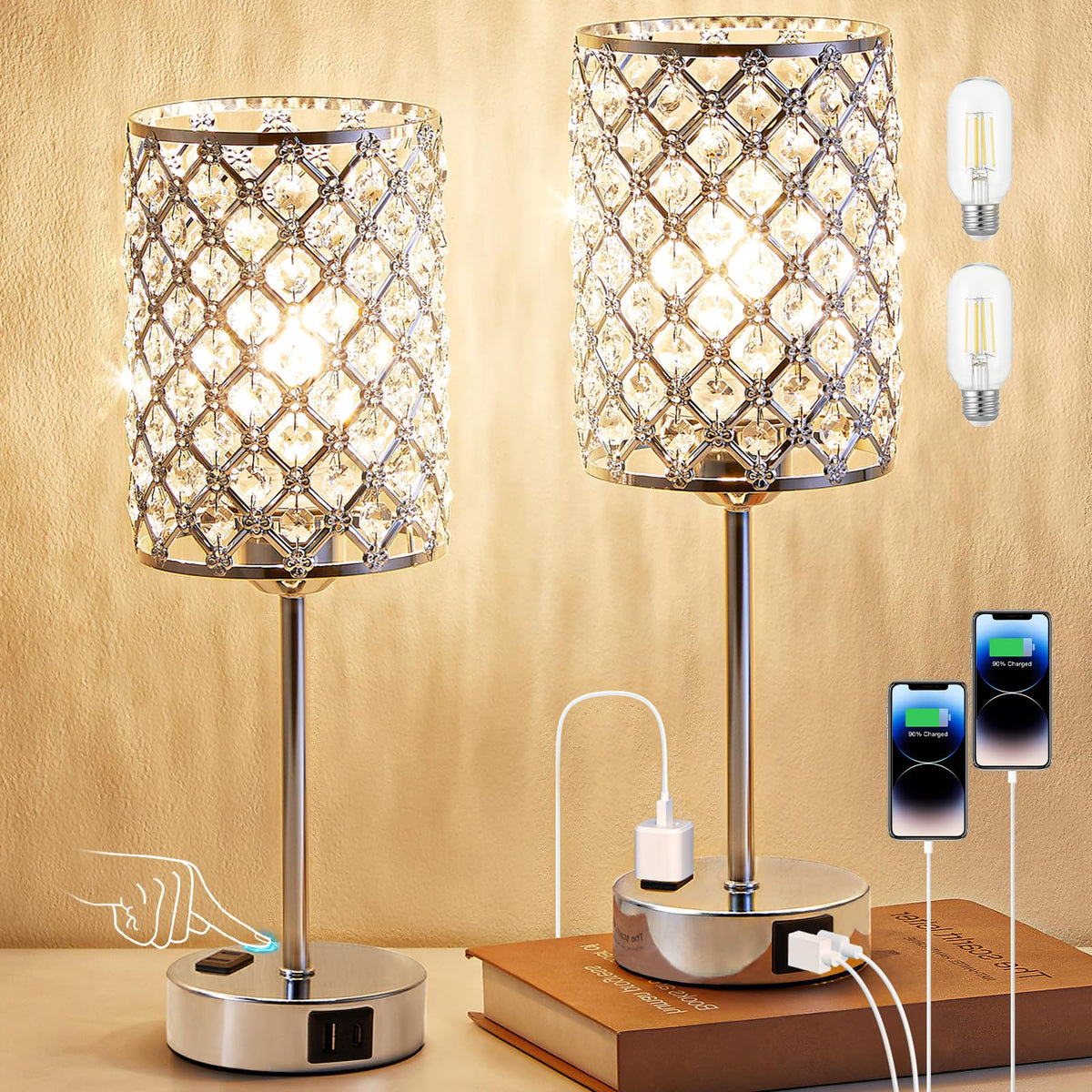 Sliver Crystal Table Lamps for Bedroom Set of 2, Nightstand Touch Lamp