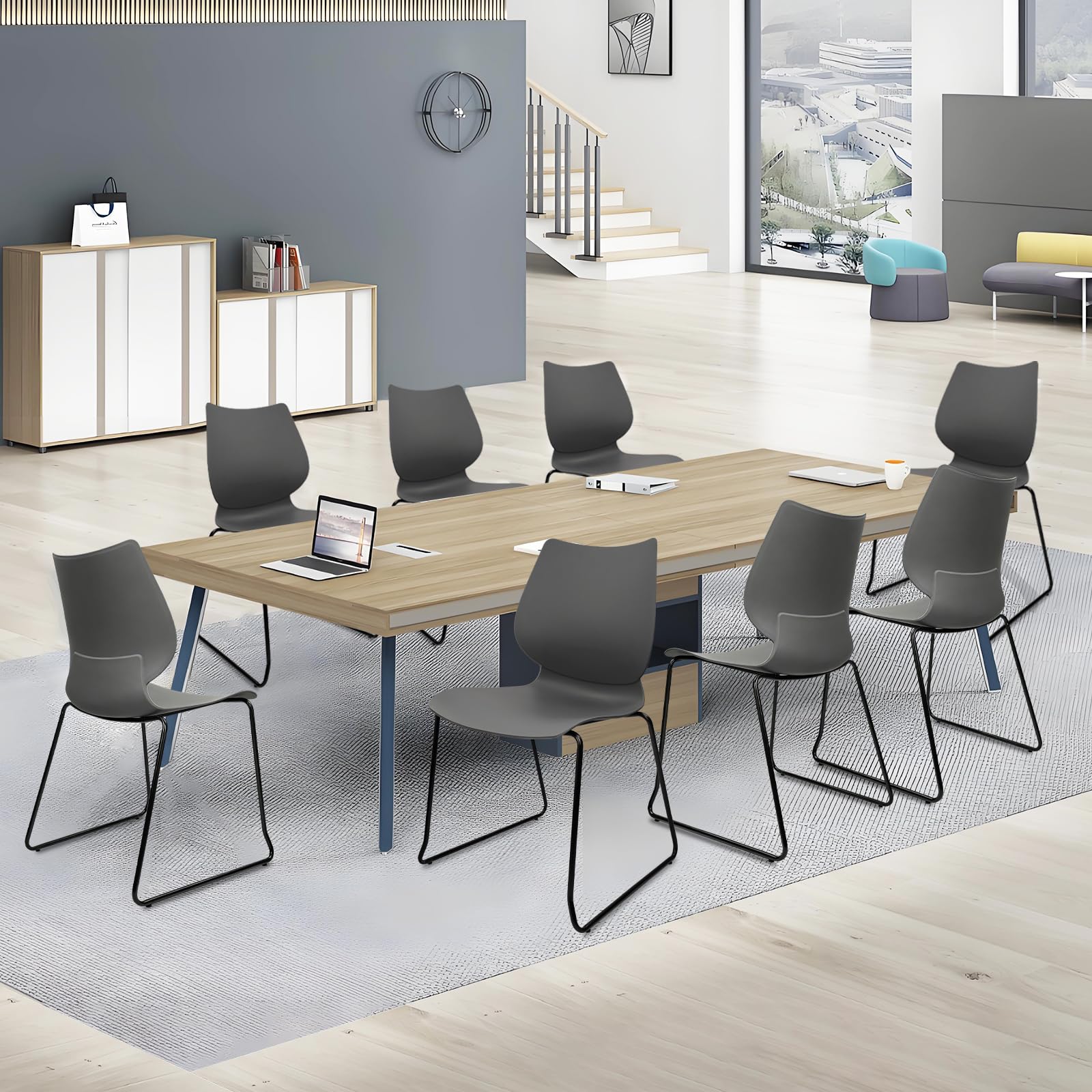 Set of 4, Stacking Waiting Room Chairs, Stacked Plastic Office Chair with Ergonomic Lumbar Support and Metal Legs for Conference School Church Guest Reception Grey