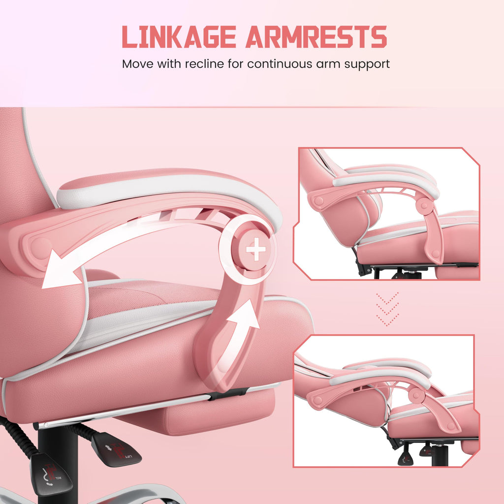 Gaming Chair, Video Game Chair with Massage Lumbar Support and Footrest Height Adjustable Ergonomic Computer Chair with Swivel Seat and Headrest, Pink/White