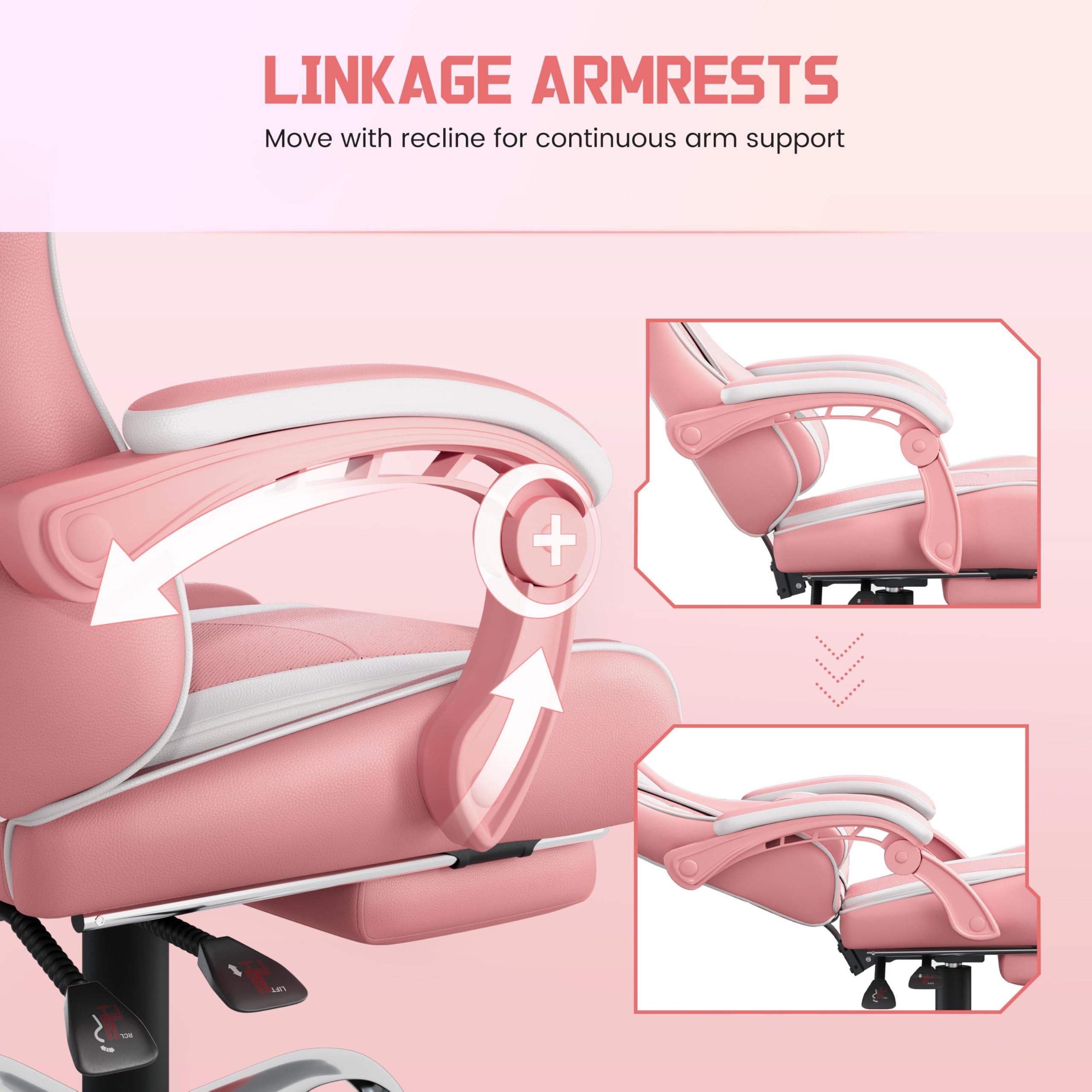 Gaming Chair, Video Game Chair with Massage Lumbar Support and Footrest Height Adjustable Ergonomic Computer Chair with Swivel Seat and Headrest, Pink/White