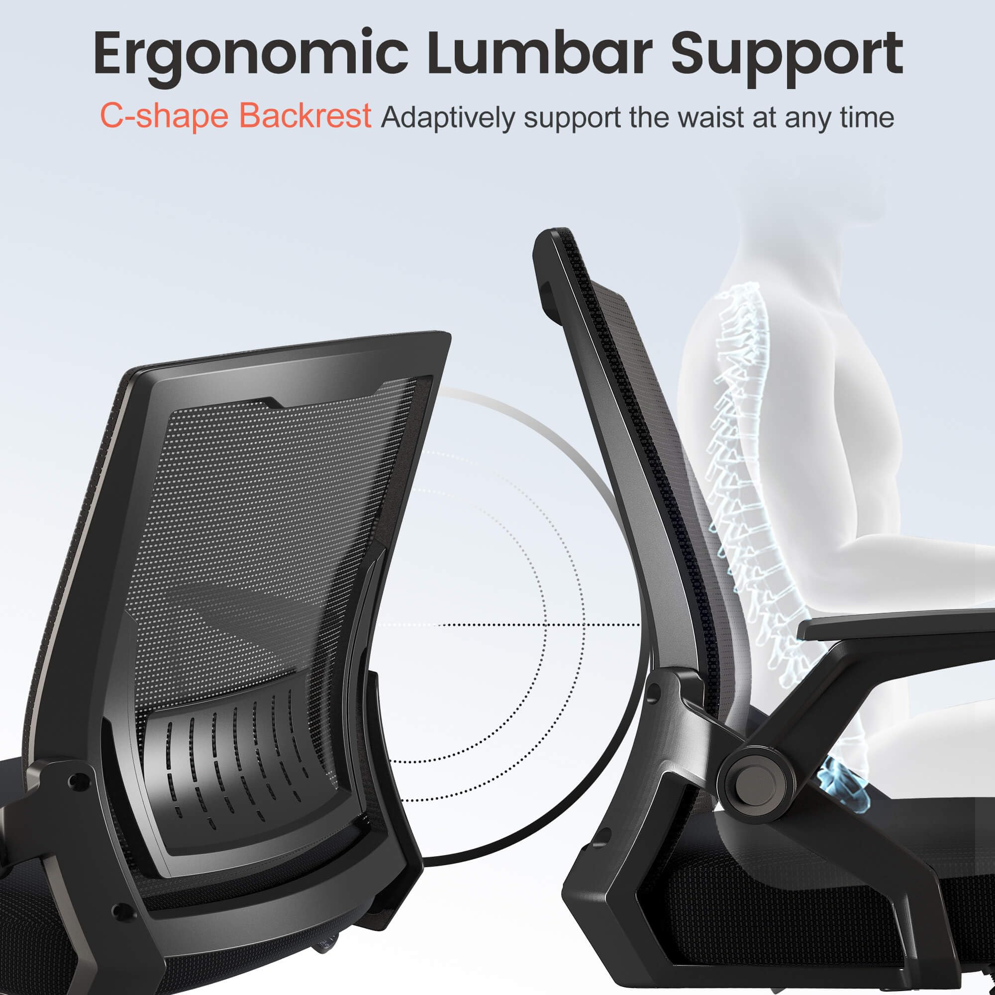 Office Chair with Flip-up Armrests Ergonomic Computer Desk Chair with Adaptive Lumbar Support & Breathable Mesh, Black