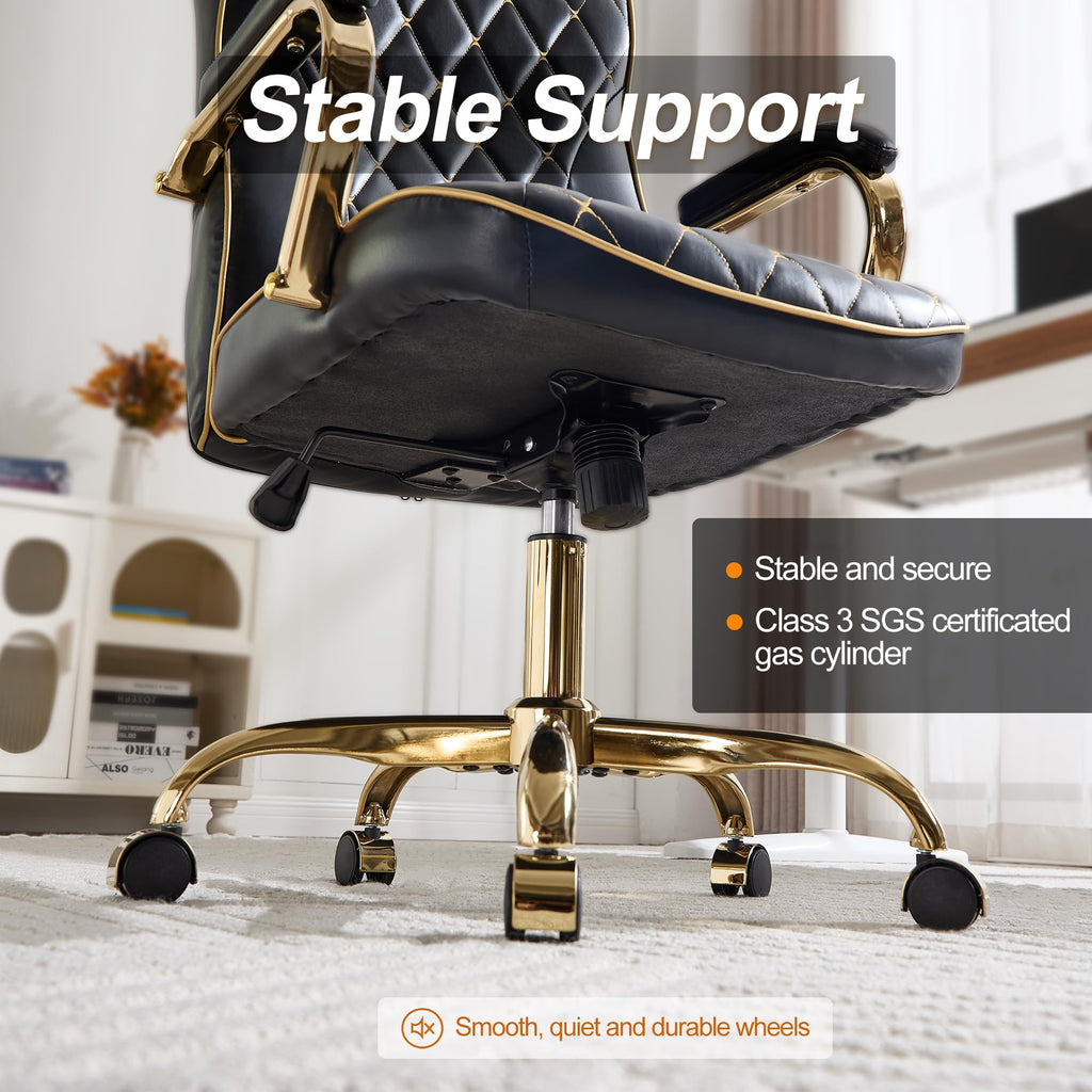 Black and Gold Office Desk Chair,Conference Room Chairs,Mid Back Vintage Executive Leather Chair,Ergonomic Computer Swivel Chair with Rocking Function and Padded Arms,Adjustable Height