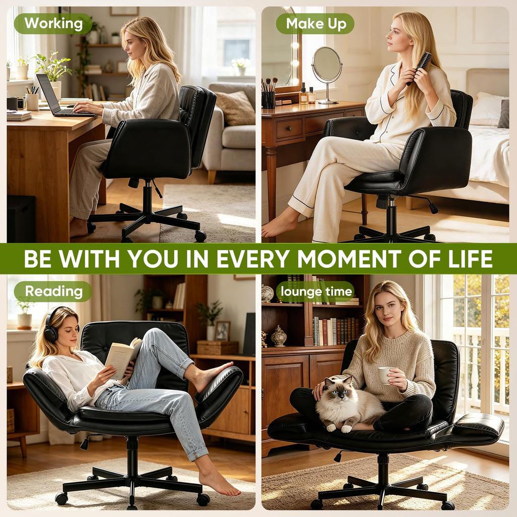 Criss Cross Chair with Wheels & Armrests, Scratch-Resistant PU Leather Vanity Chair, Comfy Wide Height Adjustable Computer Office Desk Chair for Home Office, Make Up, Bedroom (Black)