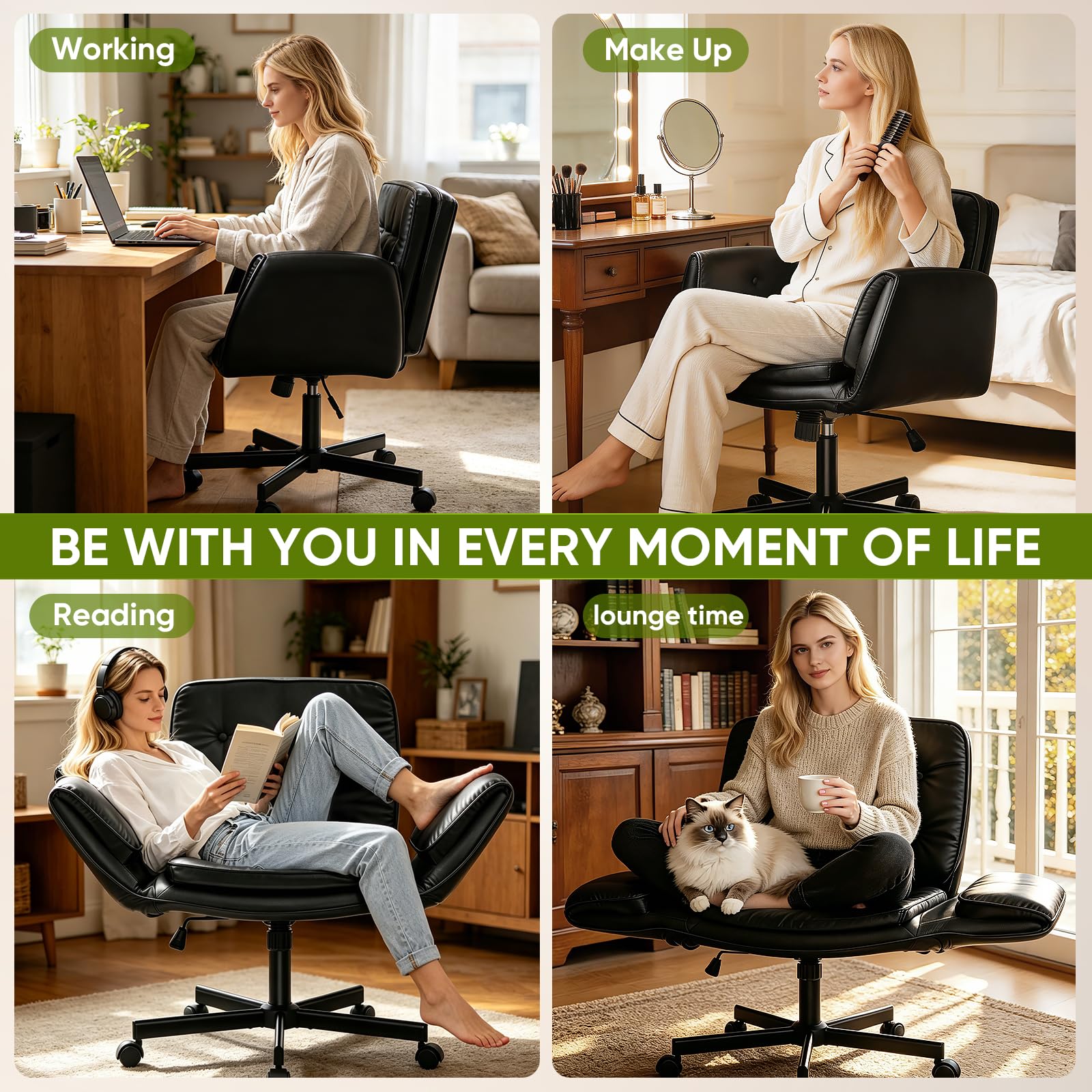 Criss Cross Chair with Wheels & Armrests, Scratch-Resistant PU Leather Vanity Chair, Comfy Wide Height Adjustable Computer Office Desk Chair for Home Office, Make Up, Bedroom (Black)