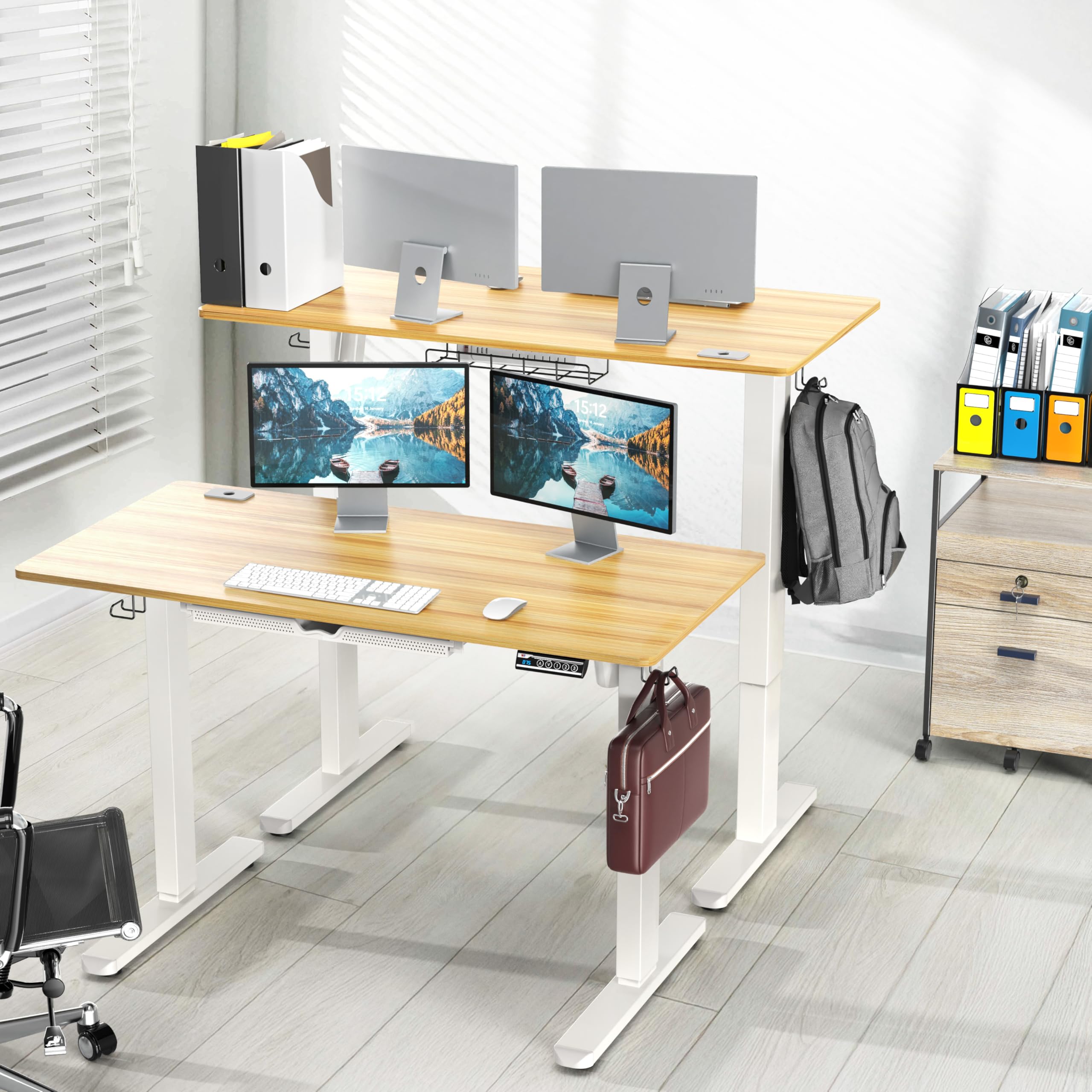 48-Inch Electric Height Adjustable Standing Desk with Drawer, Memory Preset and Cable Management Tray, Oak