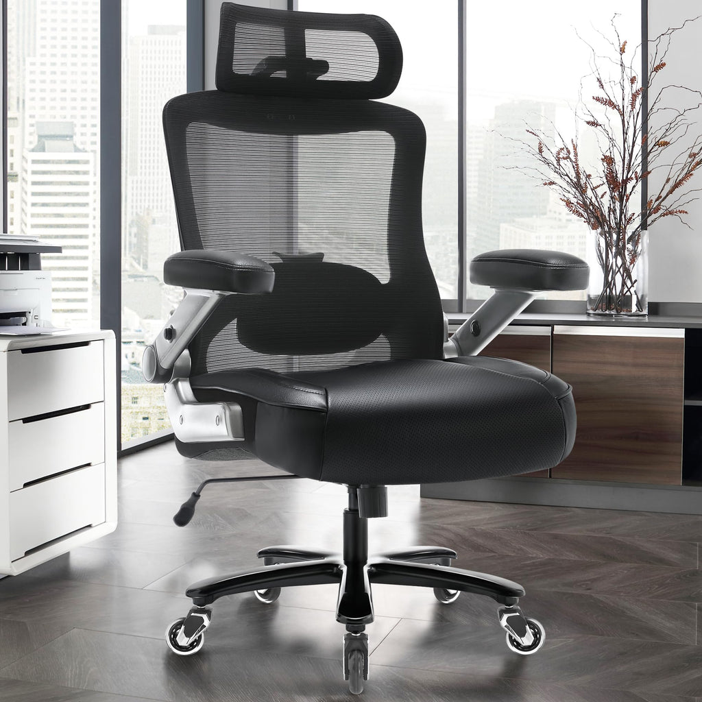600lbs Big and Tall Office Chair- Heavy Duty Executive Computer Chair with 3D Flip Arms Large Wheels, Ergonomic Mesh High Back Desk Chair, Extra Wide Seat Adjustable Lumbar Support&Headrest