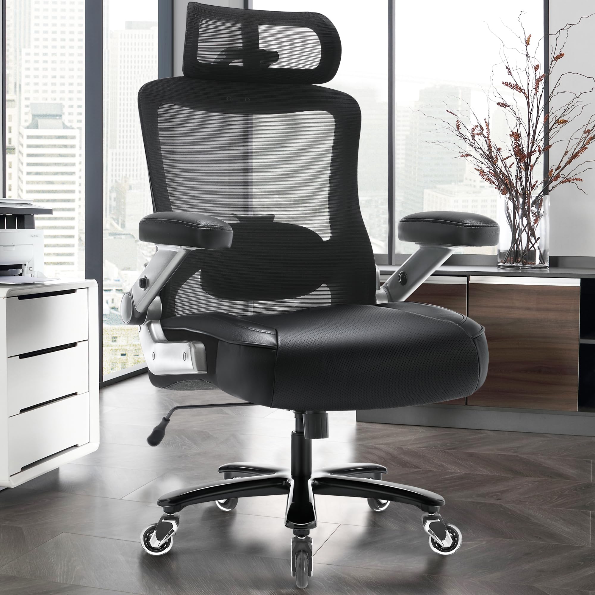 600lbs Big and Tall Office Chair- Heavy Duty Executive Computer Chair with 3D Flip Arms Large Wheels, Ergonomic Mesh High Back Desk Chair, Extra Wide Seat Adjustable Lumbar Support&Headrest