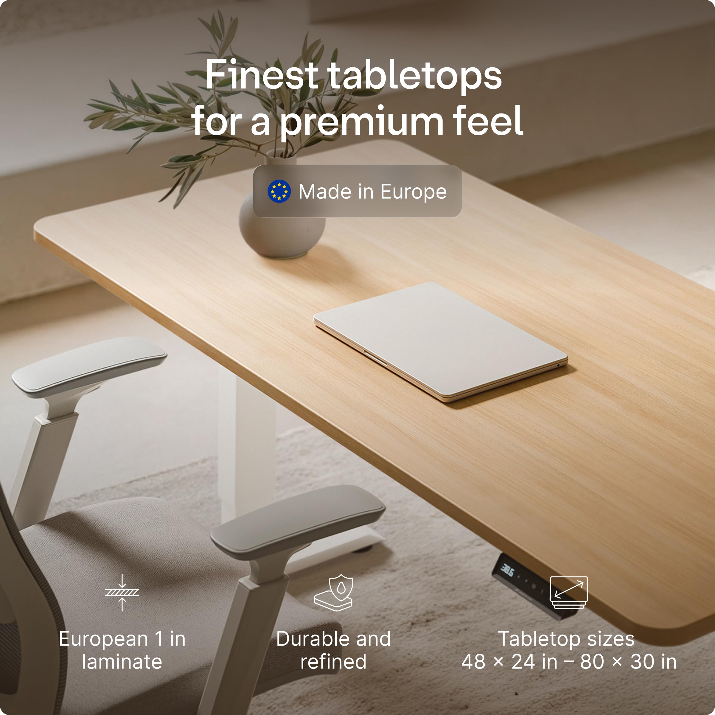 Standing Desk 54x28 — Made in Europe, Ergonomic Sit Stand Home Office Desk, Electric Height Adjustable, Dual Motor, USB & USB-C Charging, Wobble-Free, Touchscreen, 3 Memory Presets
