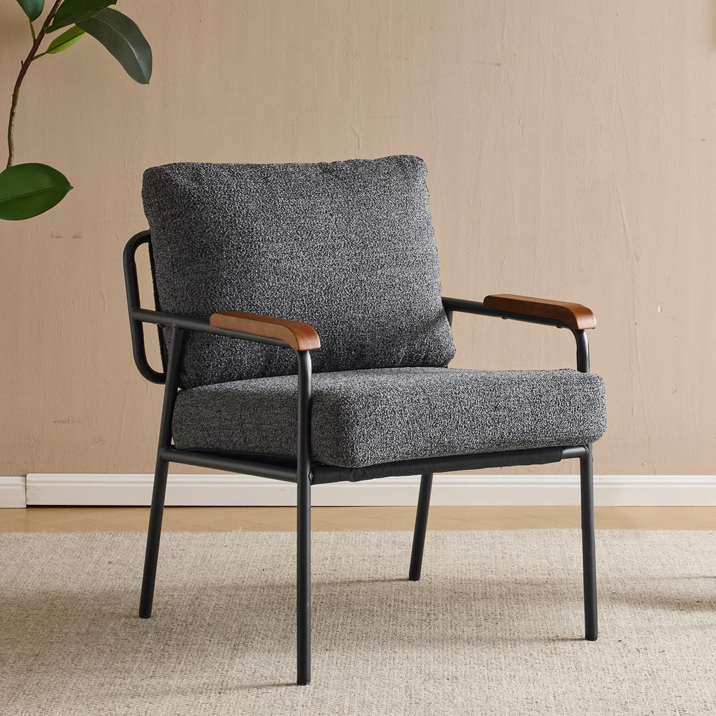 Mid-Century Modern Accent Armchair for Office, Small Comfy Upholstered Leisure Reading Chair with Wood Armrest for Office, Bedroom, Living Room, Waiting Room, Linen Grey