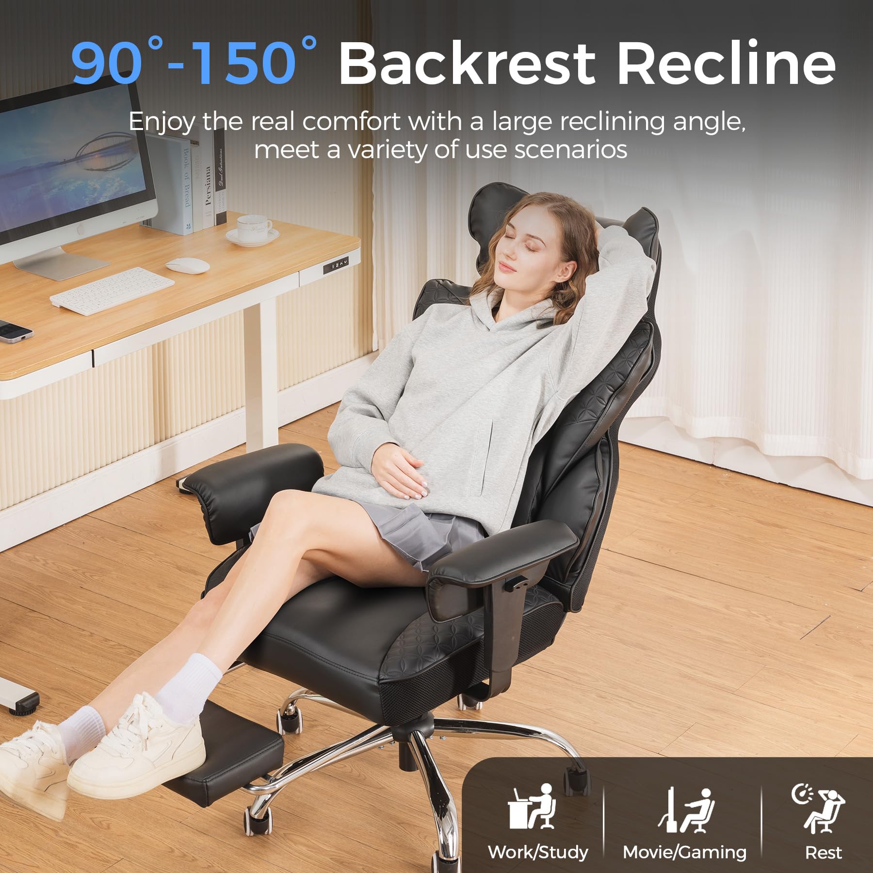 Big and Tall Gaming Chair 400lbs Heavy Duty Office Chair with Foot Rest & Ergonomic Pocket Spring Lumbar Support, High Back 3D Saddle Shaped Cushion for Back Pain Relief, Matte-Black