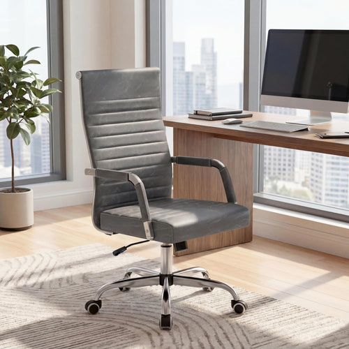 (2, Bicolor Vintage Grey) Ergonomic Office Desk Chair, Executive Ribbed Mid-Back PU Leather Conference Room Chair Adjustable Swivel Chair with Arms