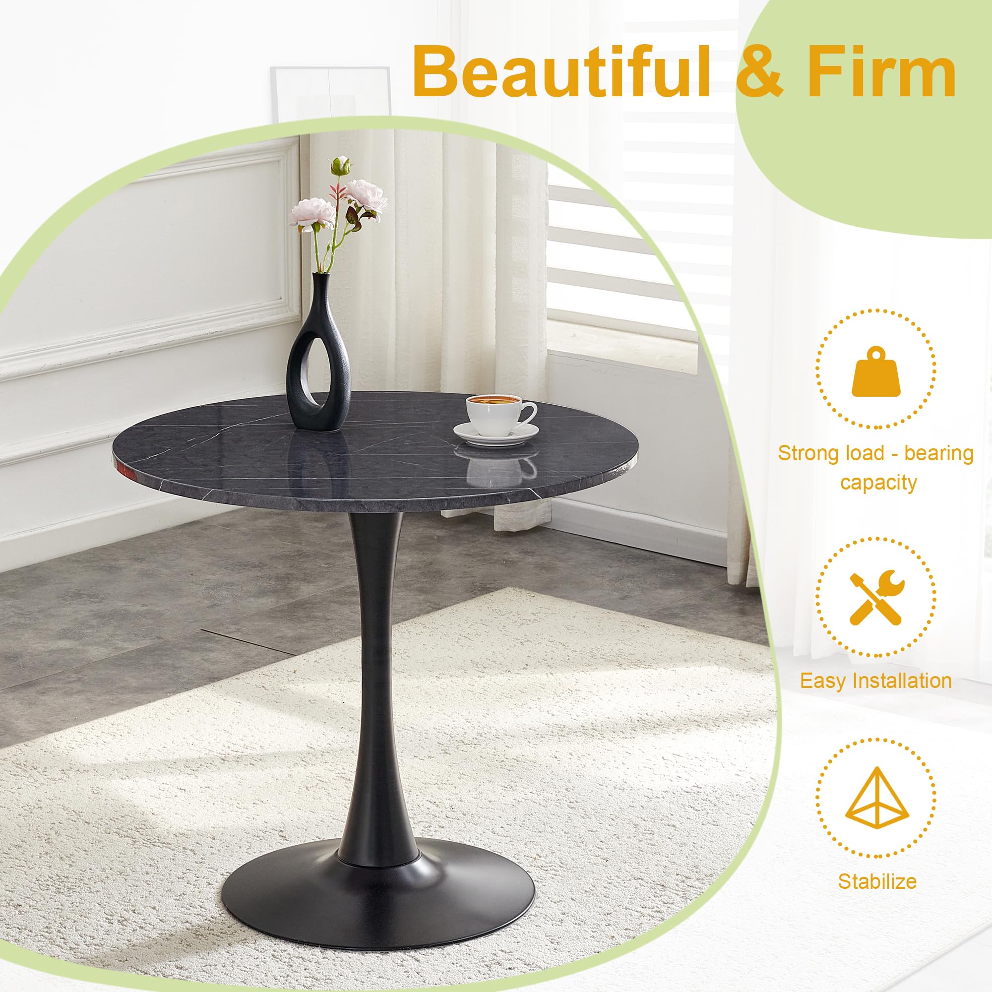 Round Tulip Dining Table, 31.5" Circle Tulip Table with Thickened Tabletop & Metal Pedestal, Mid Century Modern Bistro Table for Kitchen, Small Places, Living Room