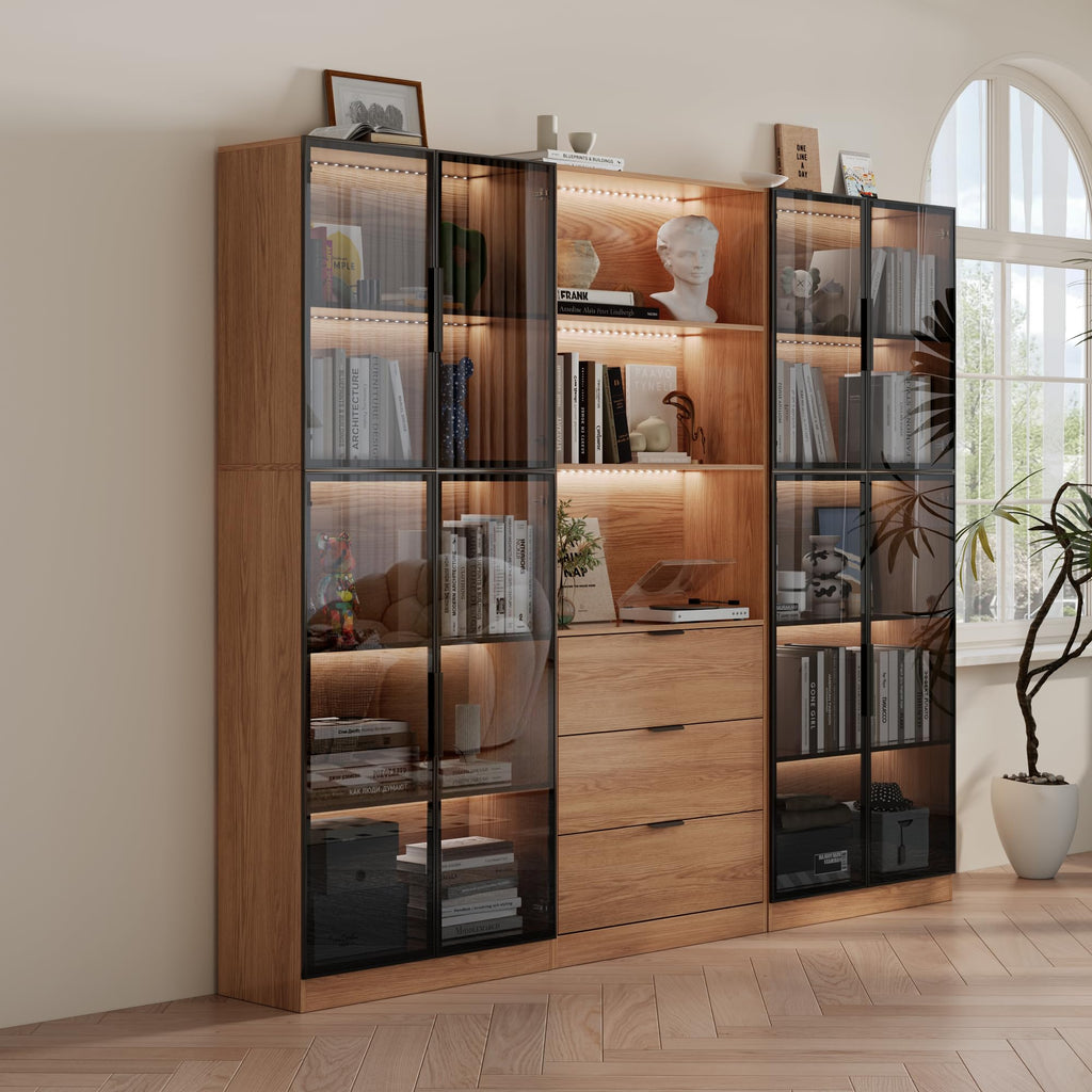 78.7" H Tall Bookcase Storage Cabinet with LED Lights and Drawers, 5 Tier Wood Storage Shelves with Glass Doors, Expandable Bookshelf Display Cabinet for Living Room, Home Office (B+A+B)