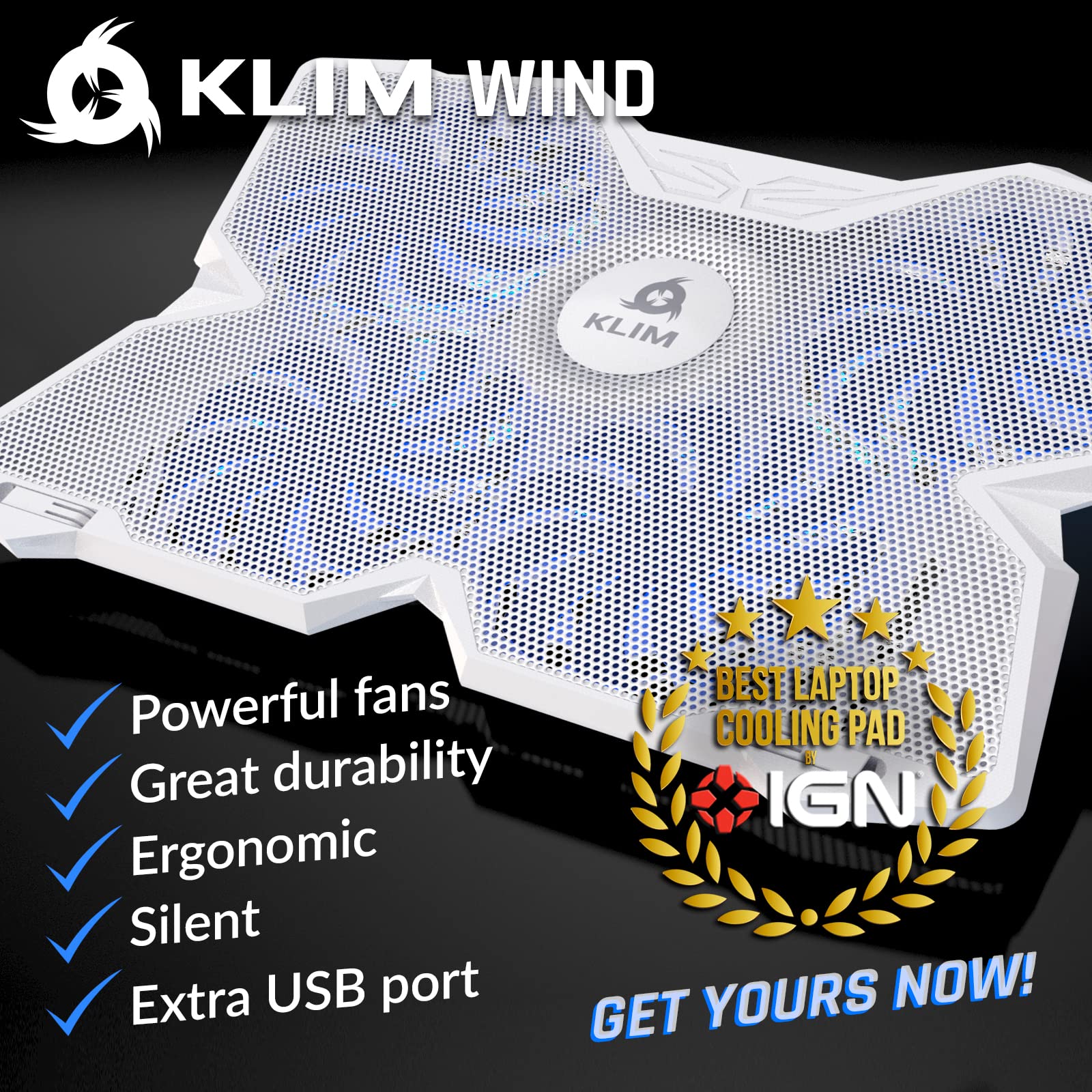 Laptop Cooling Pad - More Than 500 000 Units Sold - New - The Most Powerful Rapid Action Cooling Fan - Laptop Stand with 4 Cooling Fans at 1200 RPM - USB Fan - PS5 PS4 - Full White
