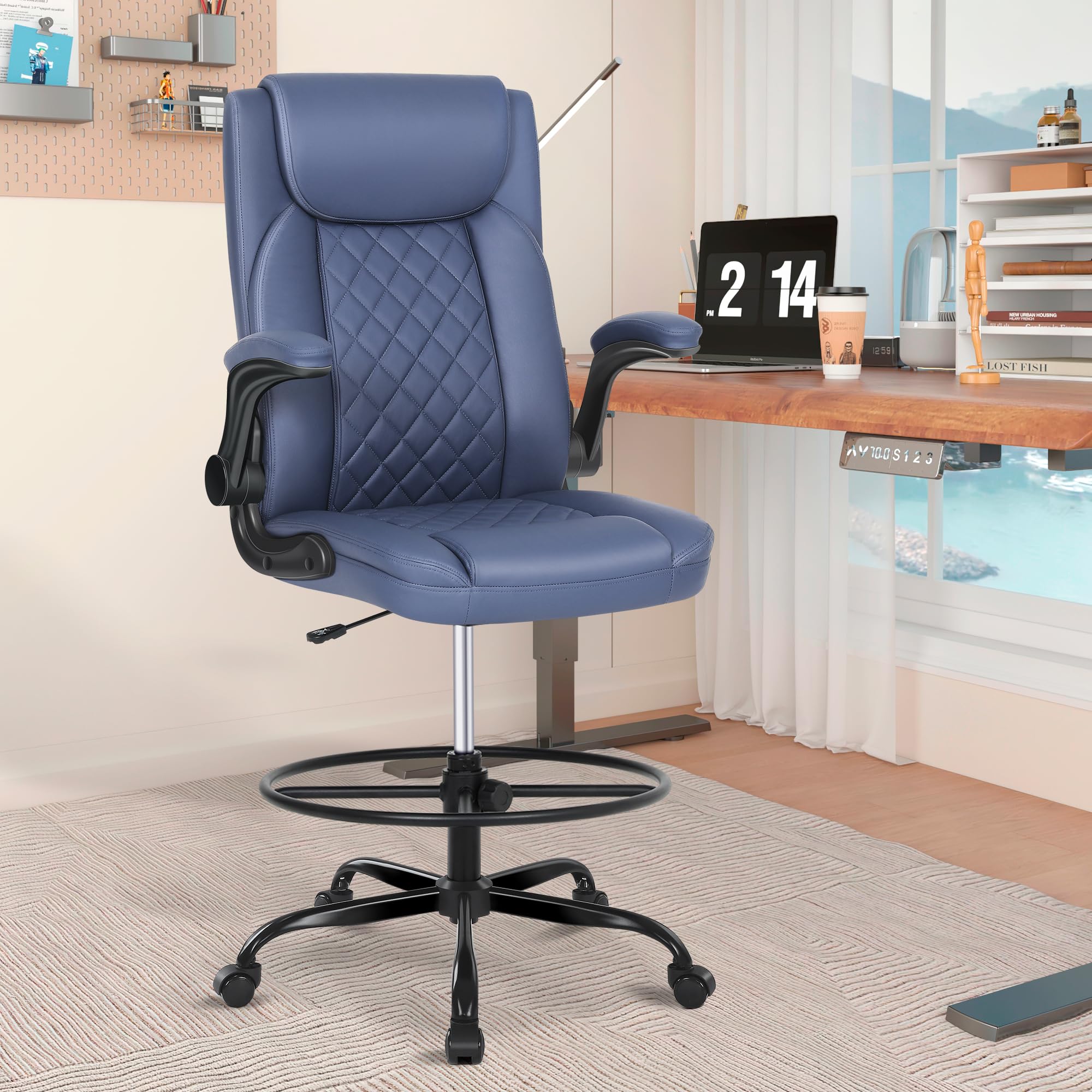 Drafting Chair, Tall Office Chair for Standing Desk, Standing Chair with Adjustable Height and Flip-up Armrest, PU Leather High Office Chair for Counter Height Desk