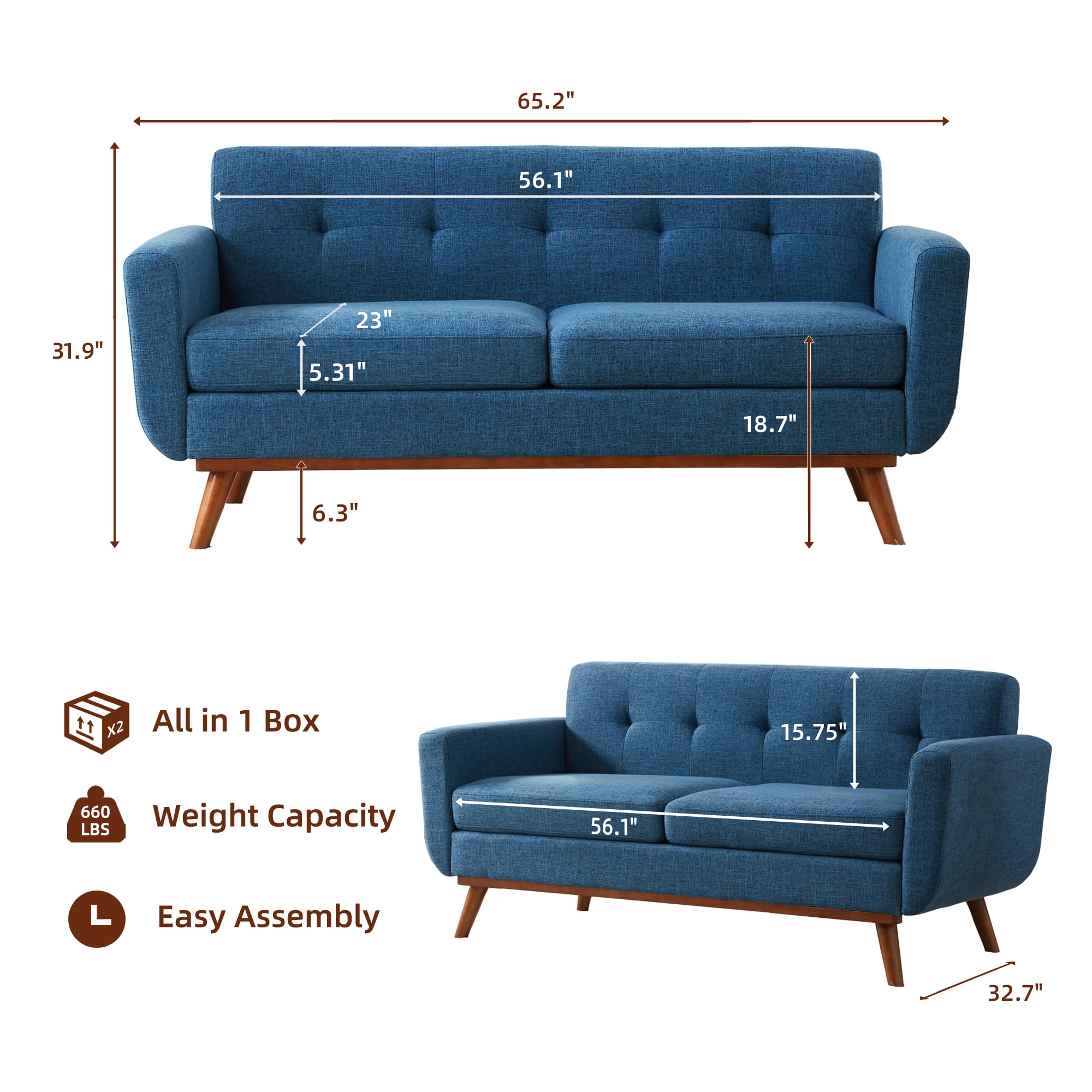 65.2" W Loveseat Sofa, Solid & Easy to Install Small Couch for Bedroom Office Apartment, Blue