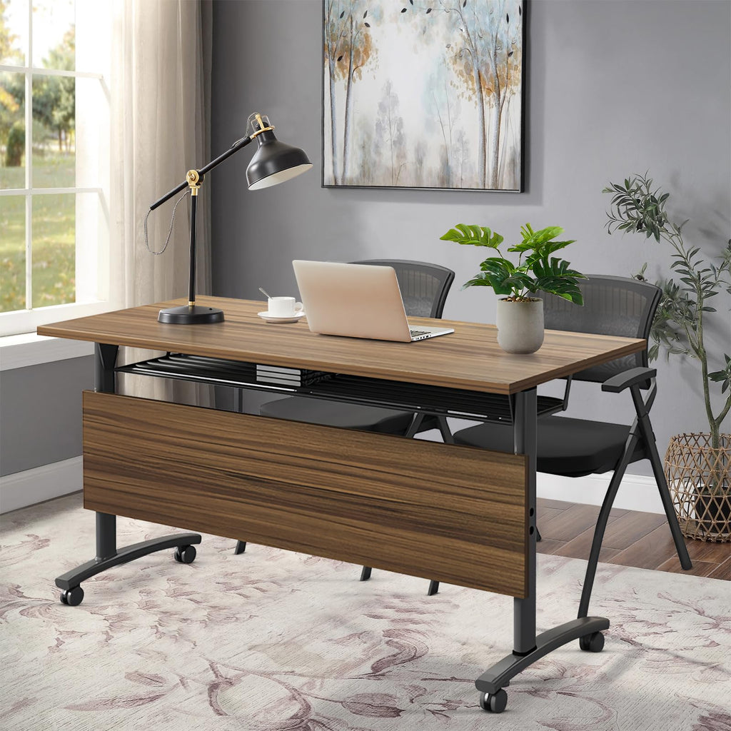 Folding Conference Table with Wheels, Flip-Top, 55.1in, 2 Pack, Walnut 1619