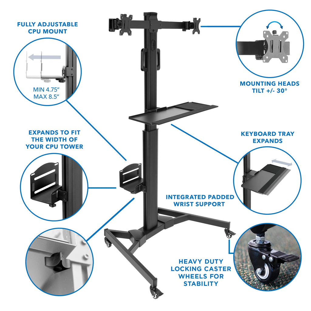 Dual Monitor Computer Cart – Mobile Standing Desk with Wheels, Rolling Workstation with Keyboard Tray, CPU Holder, and Adjustable Screen Mount for Office, Medical, or Warehouse