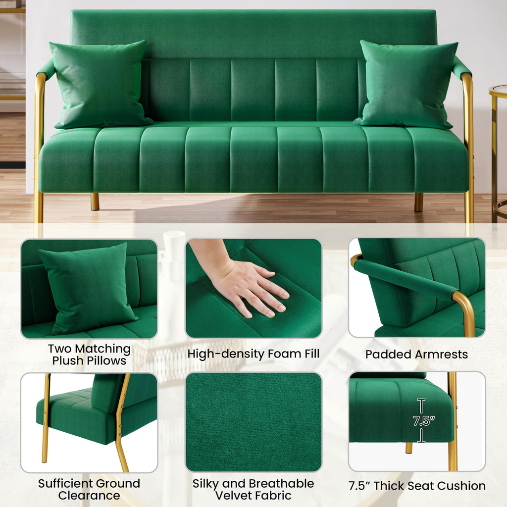 56.5" W Modern Sofa Small Sofa Luxurious Velvet Fabric Couch with Gold-Tone Metal Arms and Legs for Living Room, Office, Studio Green