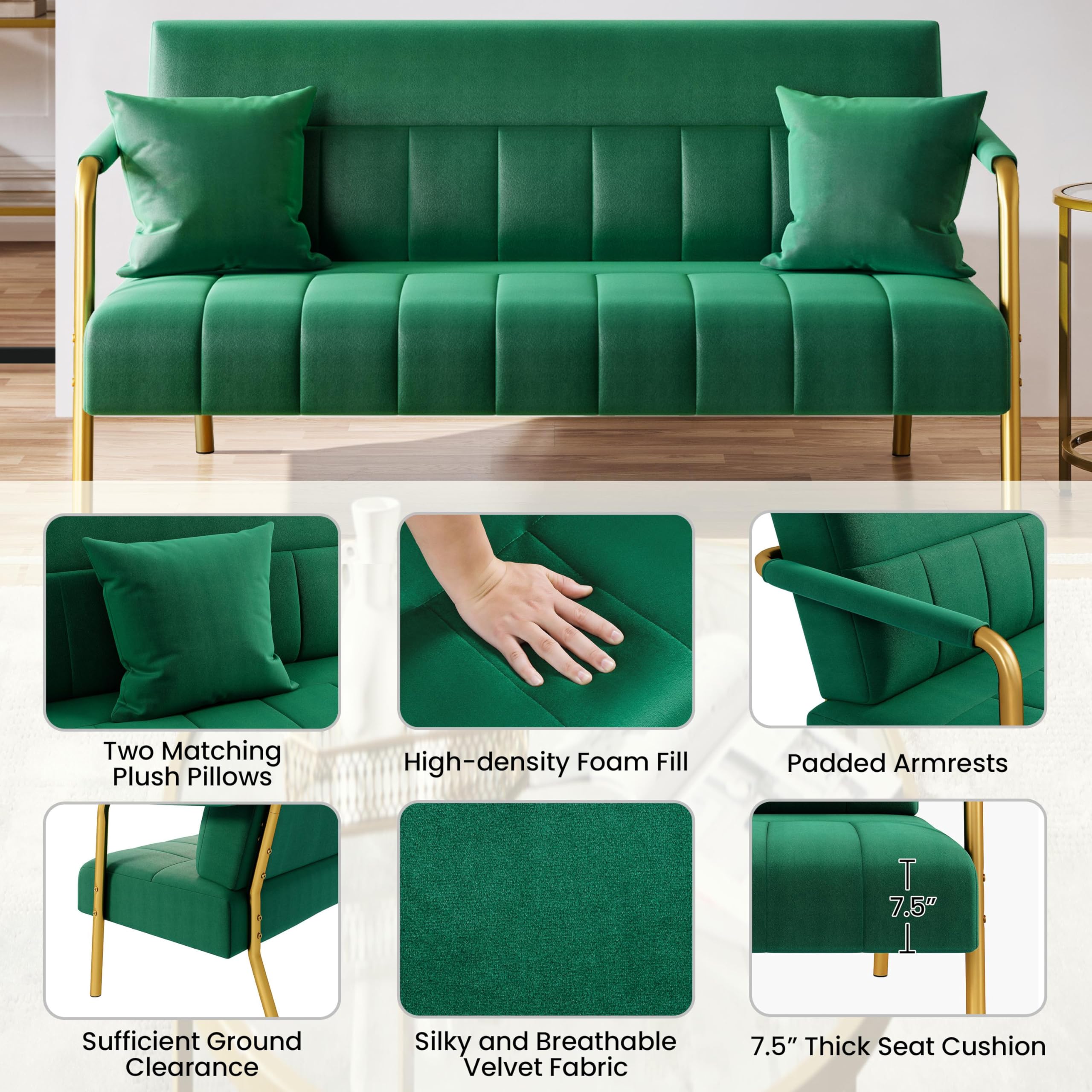 56.5" W Modern Sofa Small Sofa Luxurious Velvet Fabric Couch with Gold-Tone Metal Arms and Legs for Living Room, Office, Studio Green