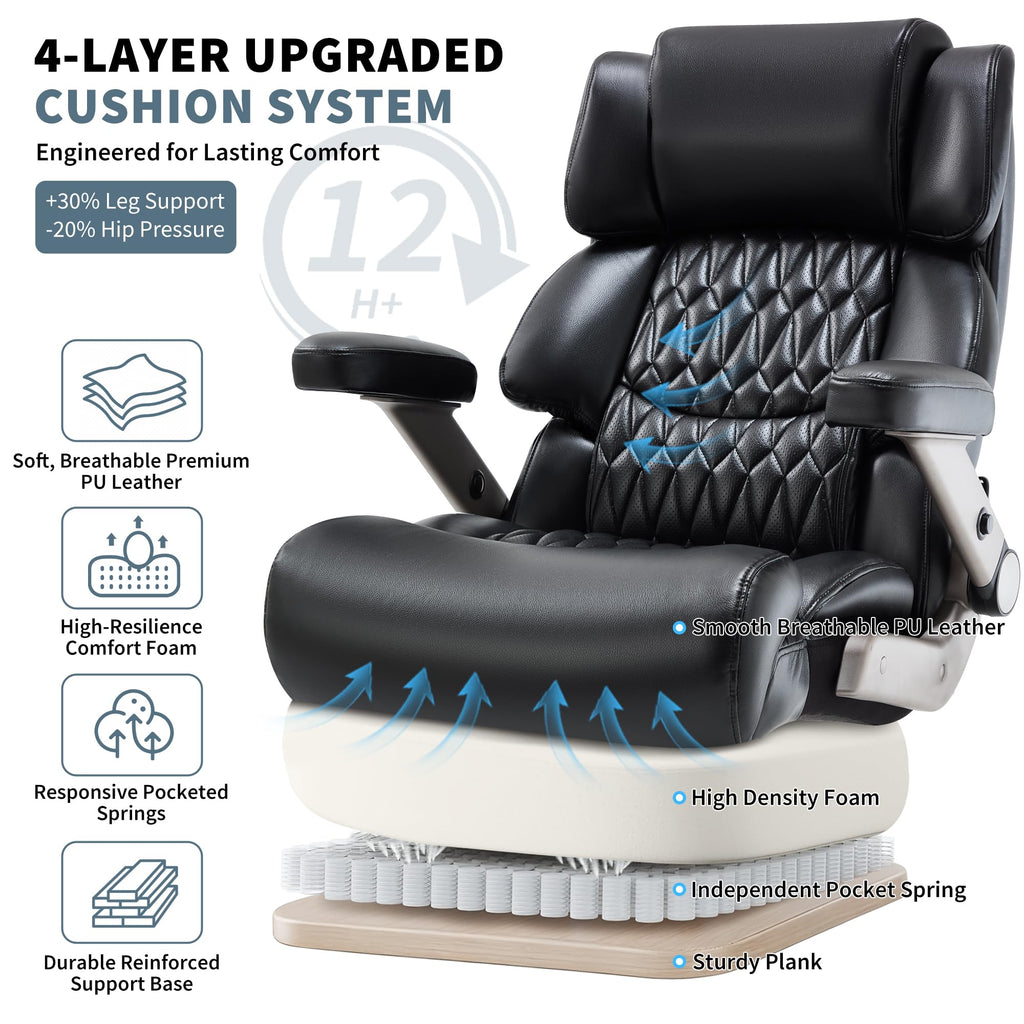 Big and Tall Office Chair 700lbs- Large High Back Executive Computer Desk Chair with 3D Flip-Up Arms, Adjustable Lumbar Support, Extra Wide Plus Size Seat, Heavy Duty Metal Base & Quiet Rubber Wheels