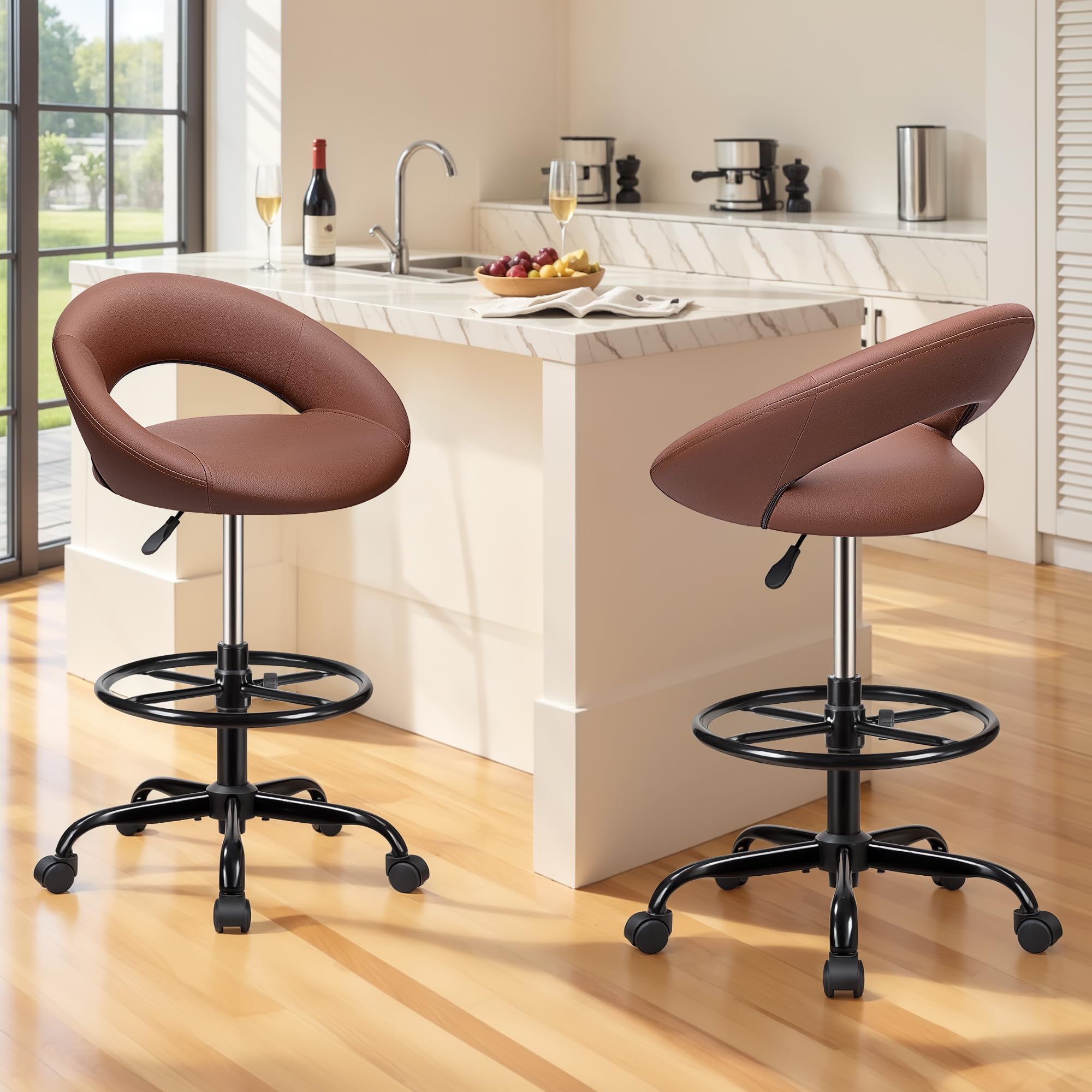 Drafting Chair with Back, Height Adjustable Rolling Stool with Foot Rest, Tall 360° Swivel Stool PU Leather Chair with Wheels for Home Office, Standing Desk, Brown