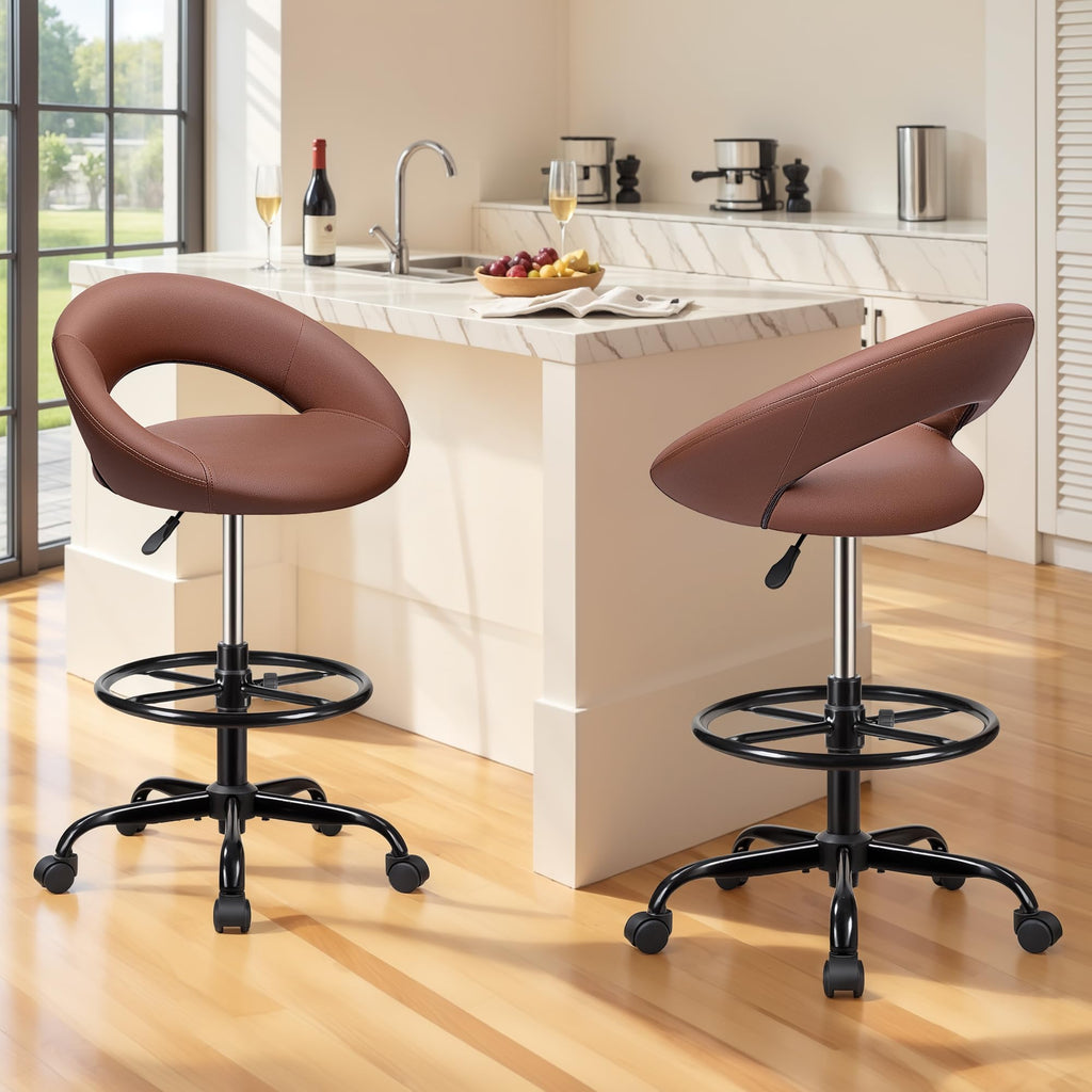 Brown 2 Pack, Drafting Chair with Back, Height Adjustable Rolling Stool with Foot Rest, Tall 360° Swivel Stool PU Leather Chair with Wheels for Home Office, Standing Desk