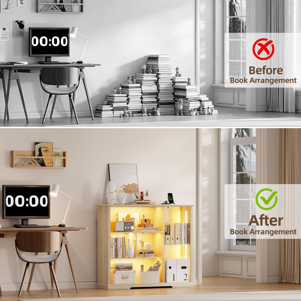 Adjustable LED Bookshelf with 3 Tiers and Motion Sensor - Natural Wood