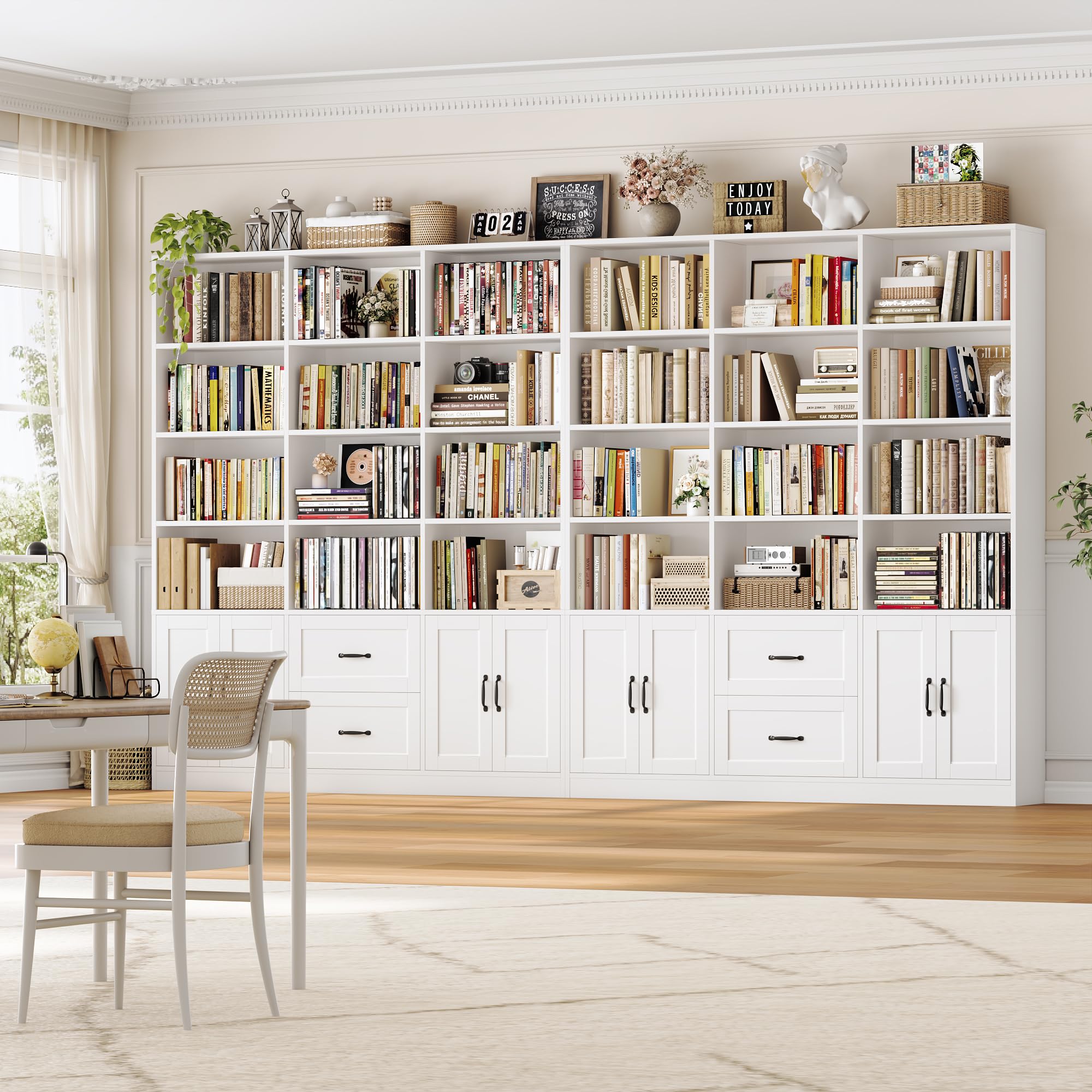 71" Tall Triple Wide Bookshelf with Storage Drawers & Doors, White