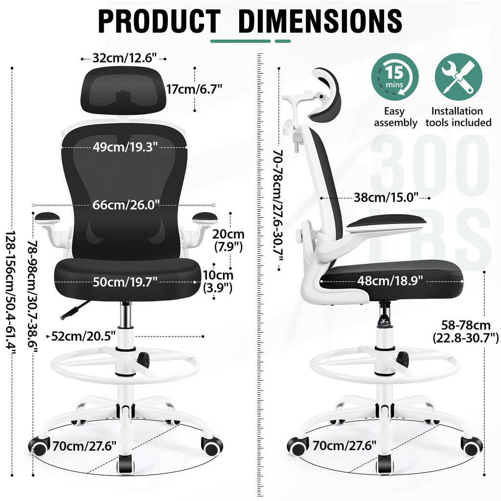 Drafting Chair, Tall Office Chair with 3D Lumbar & Head Support, Ergonomic Mesh Standing Desk Chair with Footring, Comfy Extended High Desk Chair with Flip-Up Arms & Hanger,White