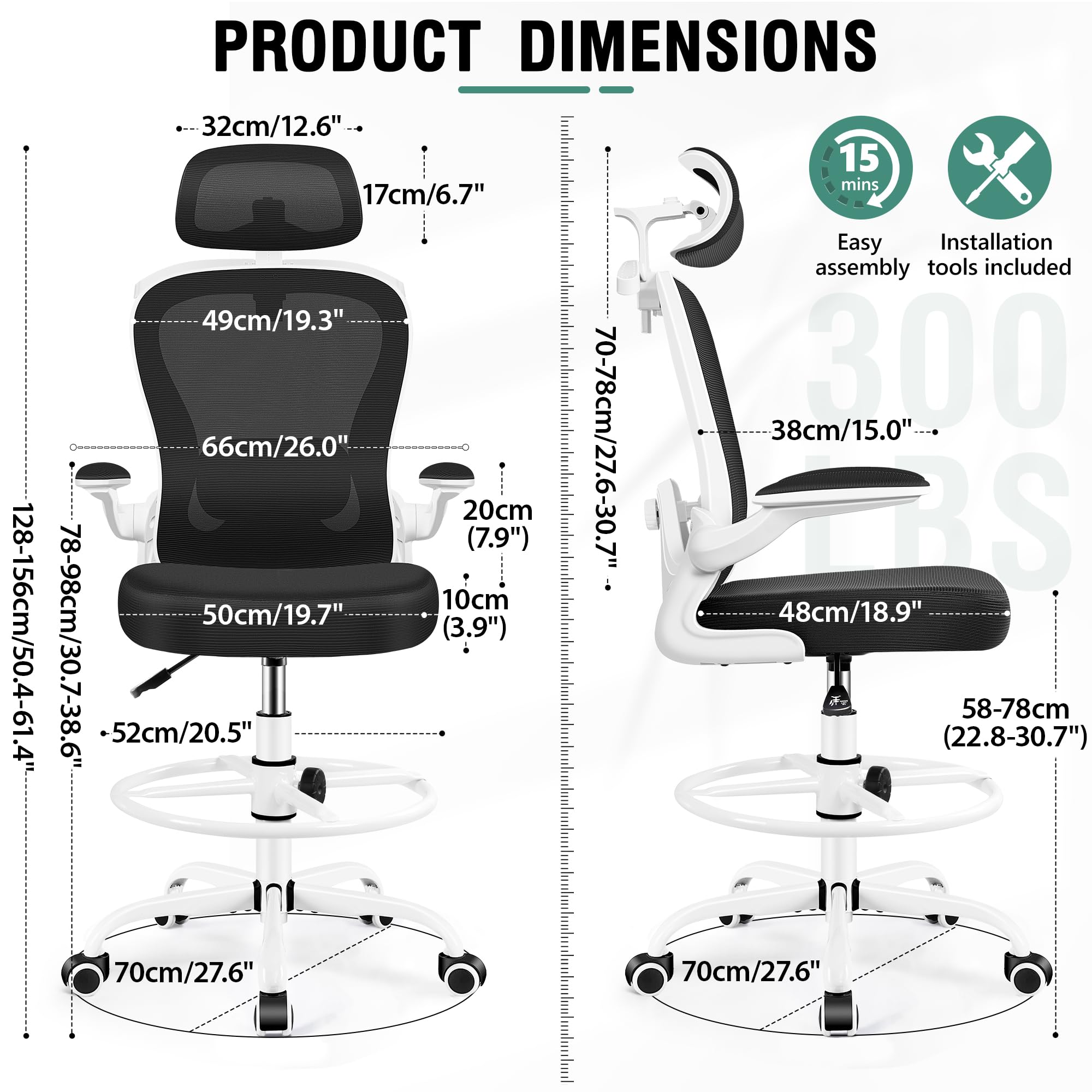 Drafting Chair, Tall Office Chair with 3D Lumbar & Head Support, Ergonomic Mesh Standing Desk Chair with Footring, Comfy Extended High Desk Chair with Flip-Up Arms & Hanger,White