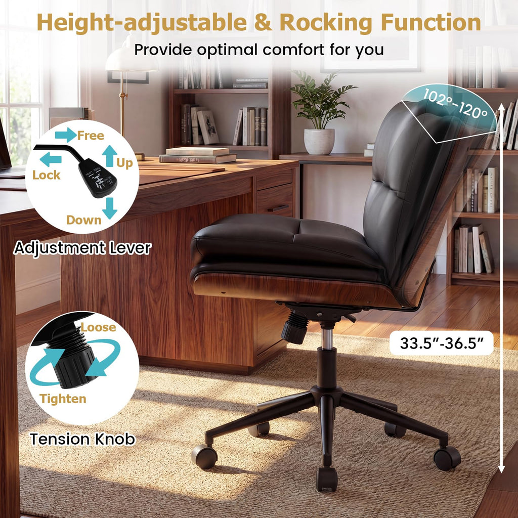 Armless Office Chair with Wheels, PU Leather Height Adjustable Vanity Chair w/Curved Backrest, Mid-Back Criss Cross 360° Swivel Ergonomic Computer Desk Chair for Home Office & Bedroom (Black)