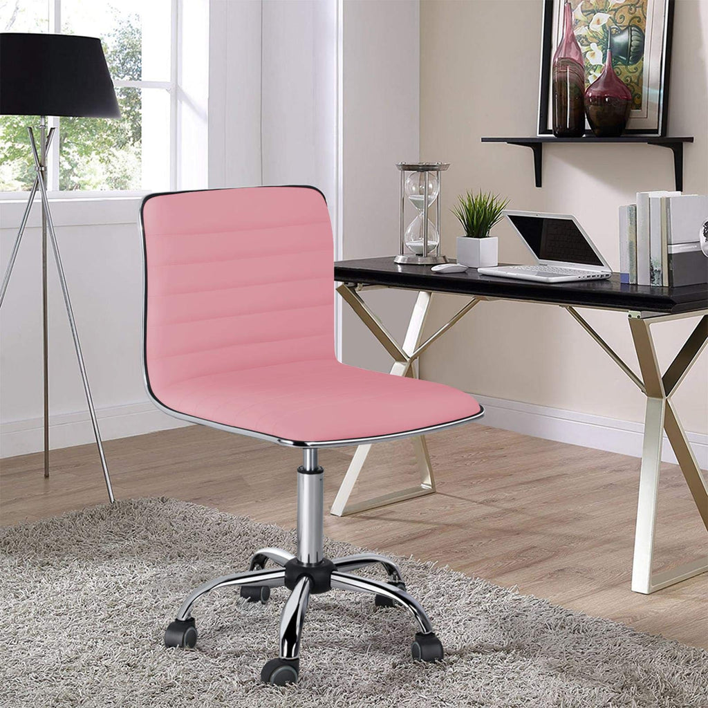 Pink Low Back PU Leather Ribbed Armless Office Chair, Ergonomic Swivel Task Chair with Wheels