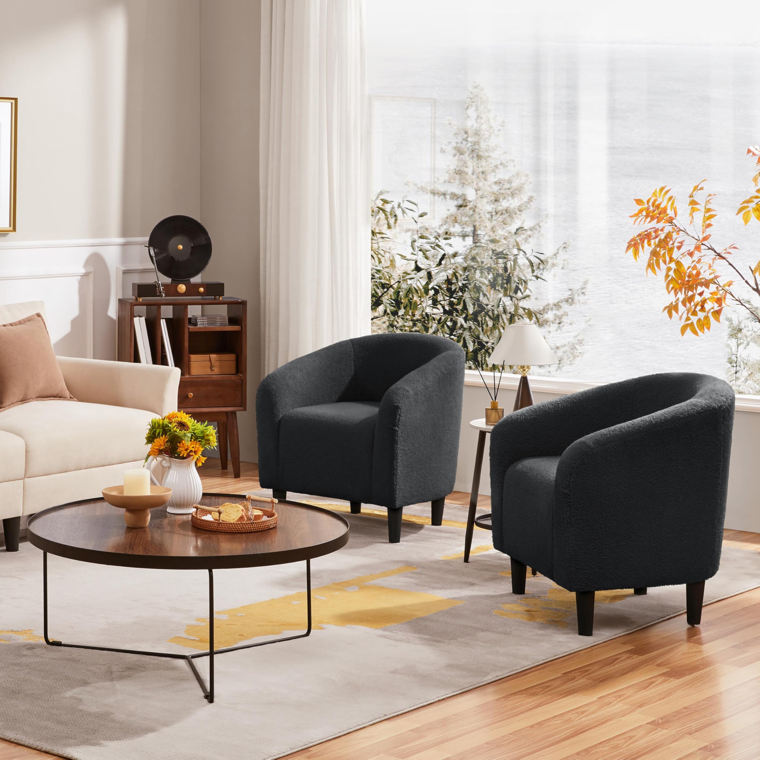 Accent Barrel Chair, Boucle Fabric Club Chair, Furry Sherpa Elegant Armchair with Cozy Soft Padded, Suitable for Living Room Bedroom Reception Room Office, Dark Gray