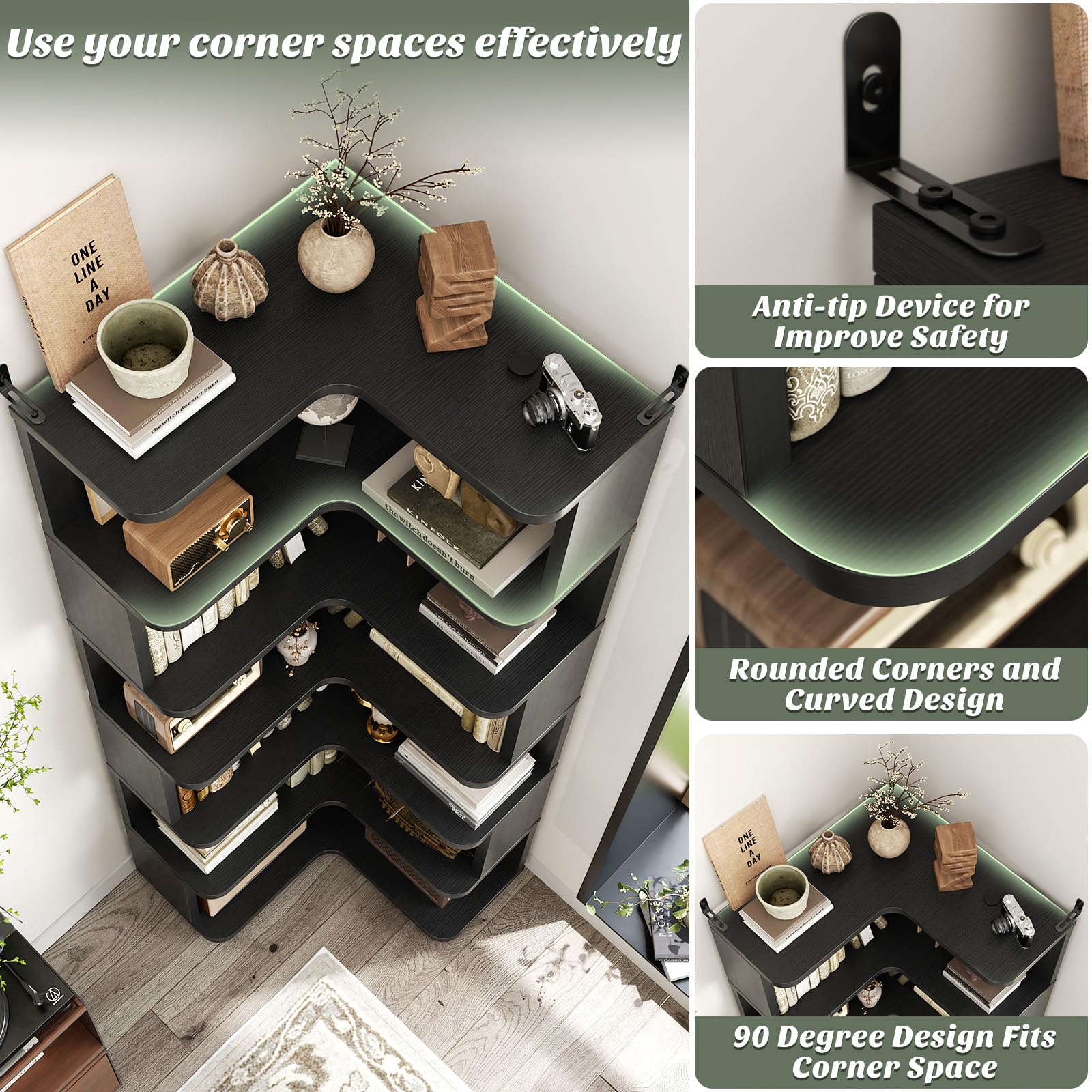 Corner Book Shelf, 7-Shelf L Shaped Corner Bookshelf with Baffle