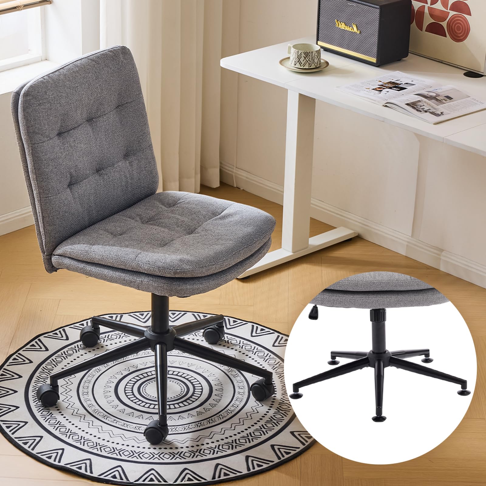 Mid Back Armless Office Desk Chair with Wheels/no Wheels,360°Rocking Swivel Vanity Chair with Thickened Cushion,Adjustable Height Rolling for Reading Room, Make up, Linen Dark Grey