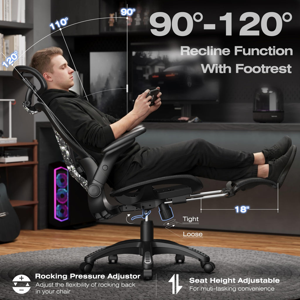 X100 Ergonomic Mesh Office Chair with Footrest, Big and Tall Home Desk Chair with 5D Flip-Up Arms, Adjustable 3D Lumbar Support, Gaming & Executive Computer Chair, Night Reaper
