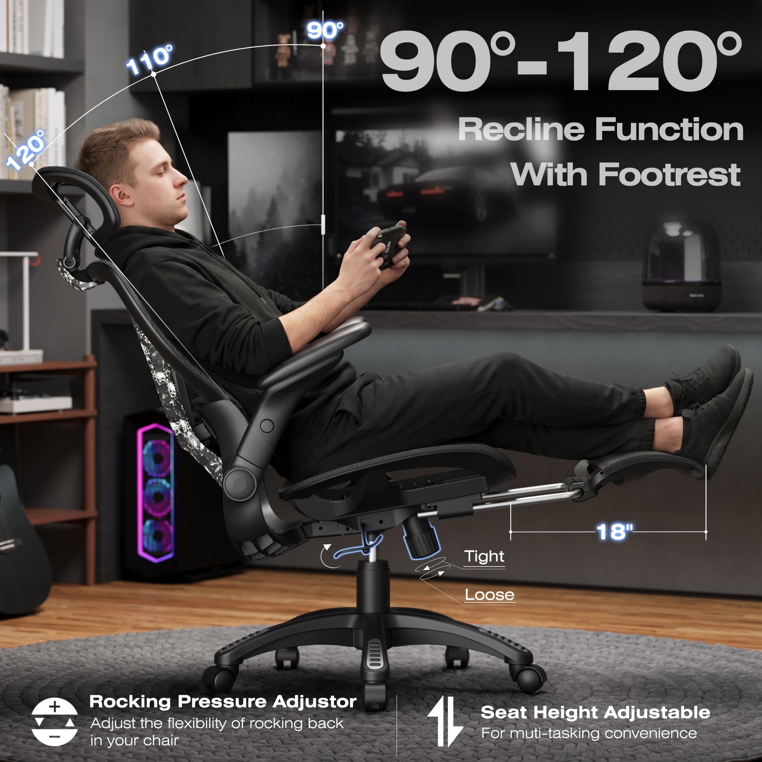 X100 Ergonomic Mesh Office Chair with Footrest, Big and Tall Home Desk Chair with 5D Flip-Up Arms, Adjustable 3D Lumbar Support, Gaming & Executive Computer Chair, Night Reaper