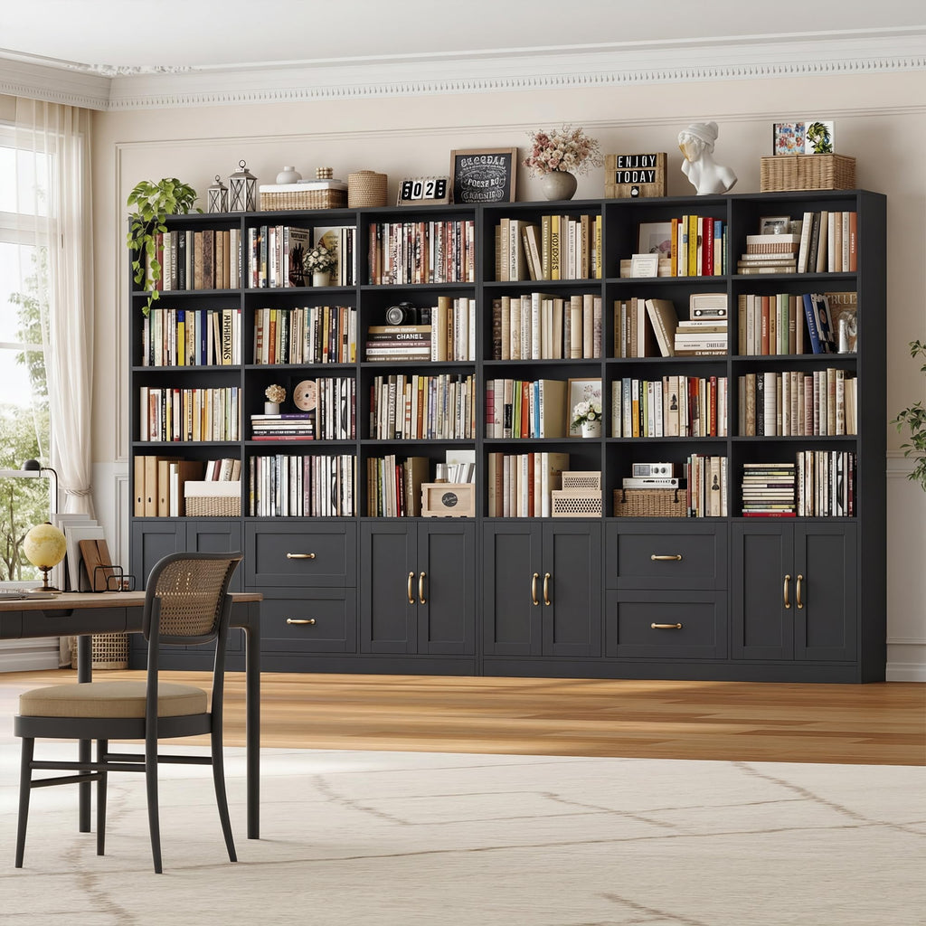 71" Tall Triple Wide Bookshelf with Storage Drawers & Doors, Black