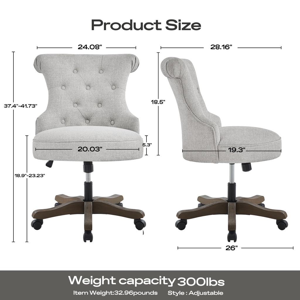 Home Office Chair Upholstered Armless Desk Chair with Wheels Adjustable Height Computer Desk Chair with Wooden Legs Linen Comfortable Swivel Chairs for Home Office Study Studio (Light Grey)