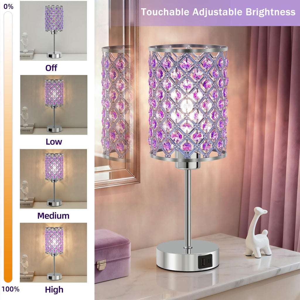 Crystal Table Lamp, Purple Touch Lamp with USB C+A Port, 3-Way Dimmable