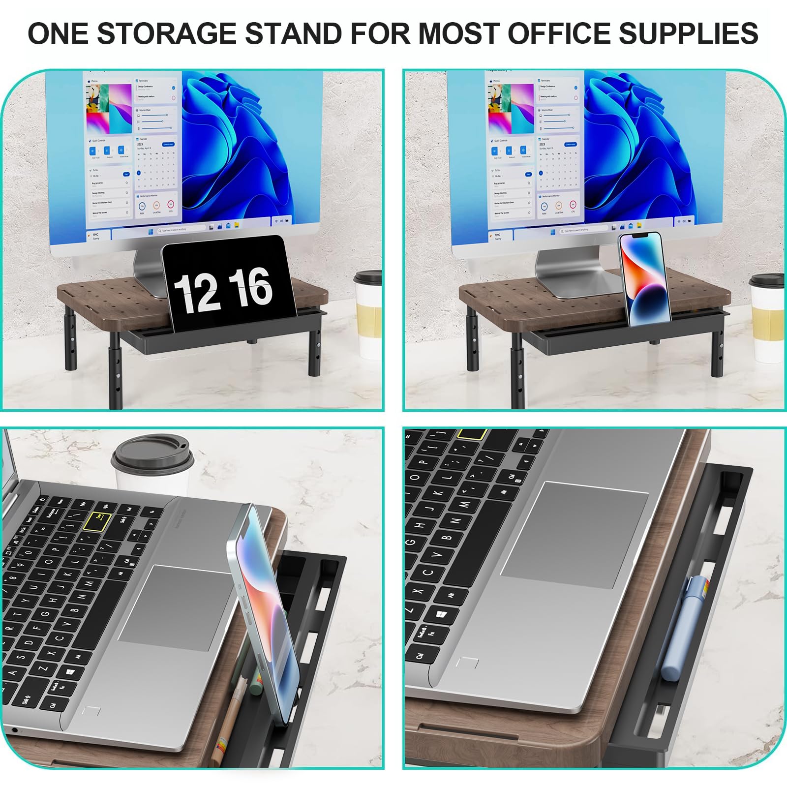 Plastic Computer Monitor Stand with Storage, Desk Monitor Riser 3 Height Adjustable, Laptop Riser with Airflow Vents, Desk Organizer for Computer, Laptop, Printer (PTT002-C), 1 Pack, Brown