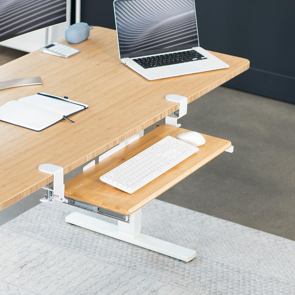 Large Clamp-on Computer Keyboard and Mouse Under Desk Slider Tray, 27 x 11 inch Pull Out Platform Drawer, Bamboo