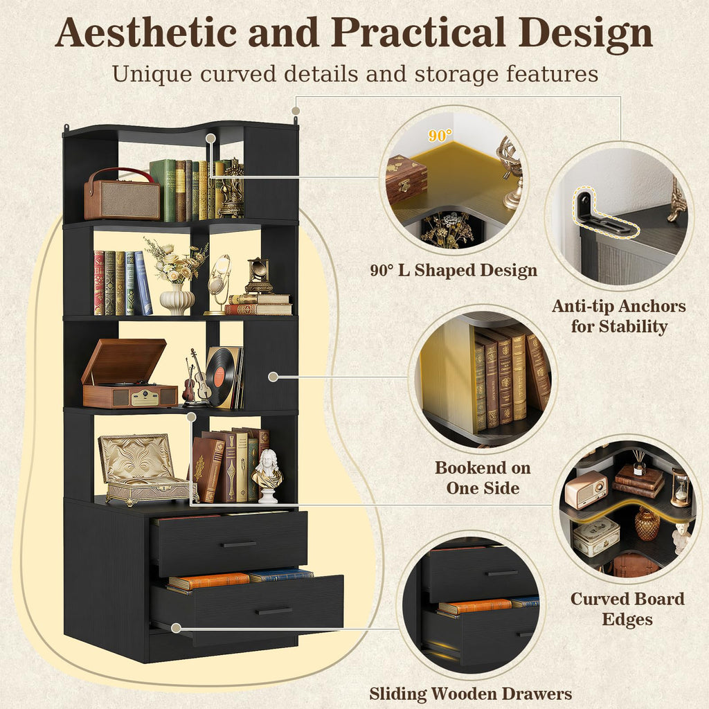 Corner Book Shelf with Drawers, Small Corner Shelf with Drawers