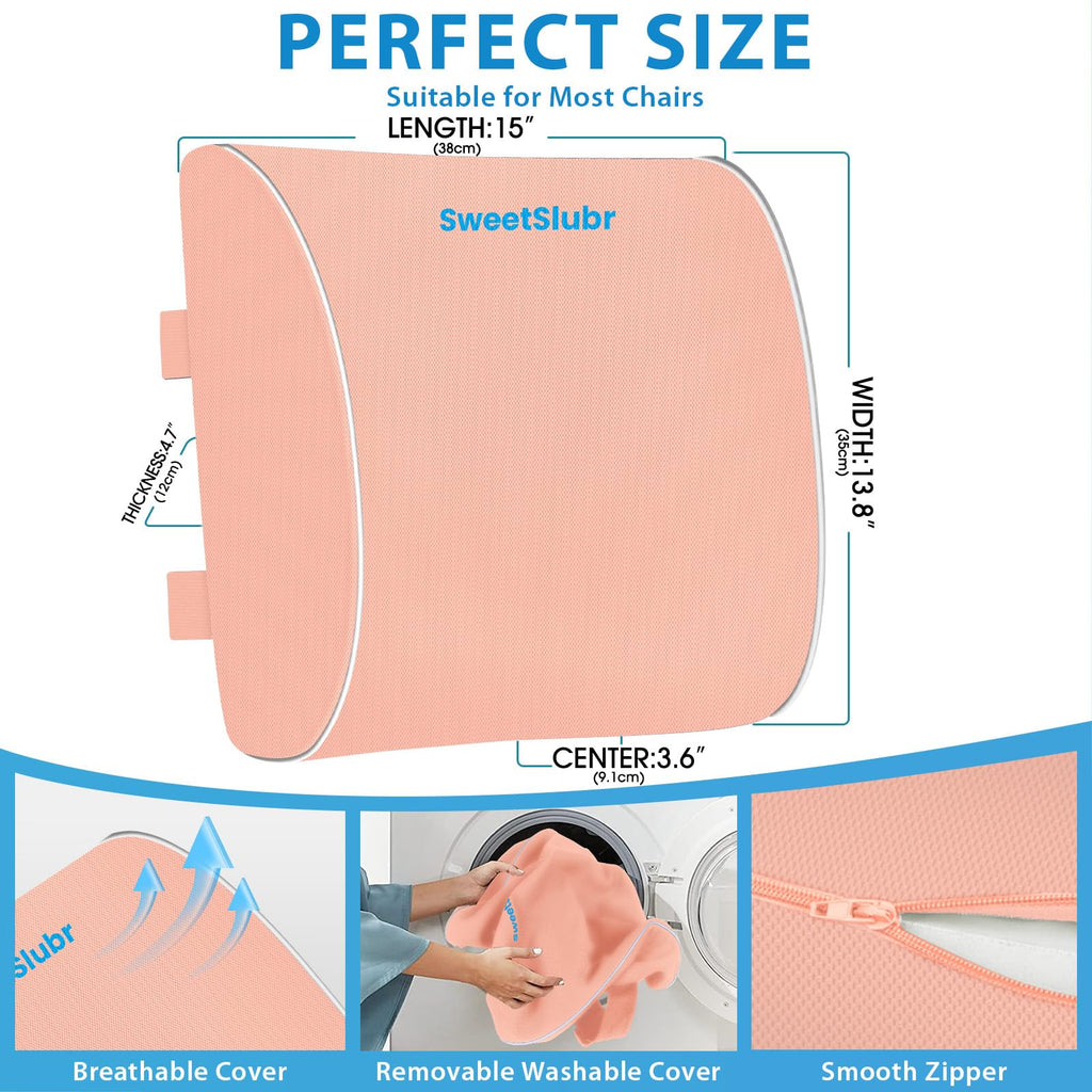 Lumbar Support Pillow for Office Chair, Car & Gaming Chair, Ergonomic Memory Foam Cushion for Back Comfort,Zoned Back Support, Double Adjustable Straps,Breathable Washable Cover(Pink,Large)
