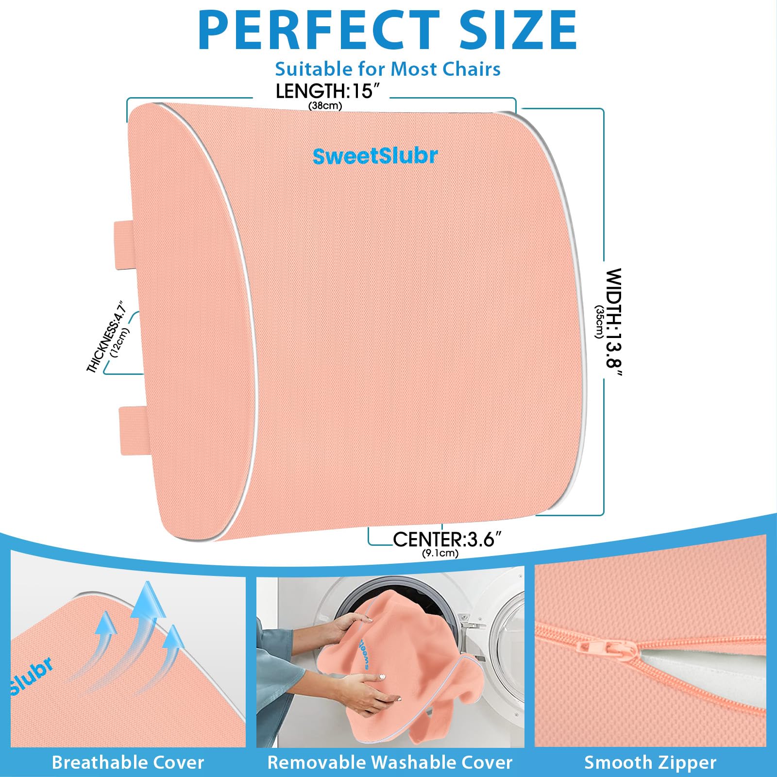 Lumbar Support Pillow for Office Chair, Car & Gaming Chair, Ergonomic Memory Foam Cushion for Back Comfort,Zoned Back Support, Double Adjustable Straps,Breathable Washable Cover(Pink,Large)