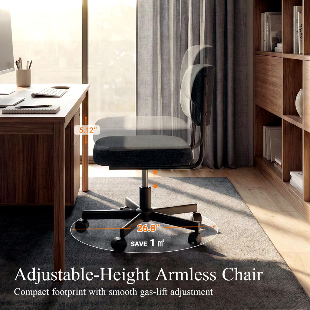 Vanity Chair with Wheels, Cute Armless Desk Chair with Back, Height Adjustable Swivel Small Office Chair, Comfy Fabric Computer Task Chair for Bedroom, Study, Dressing Room Black