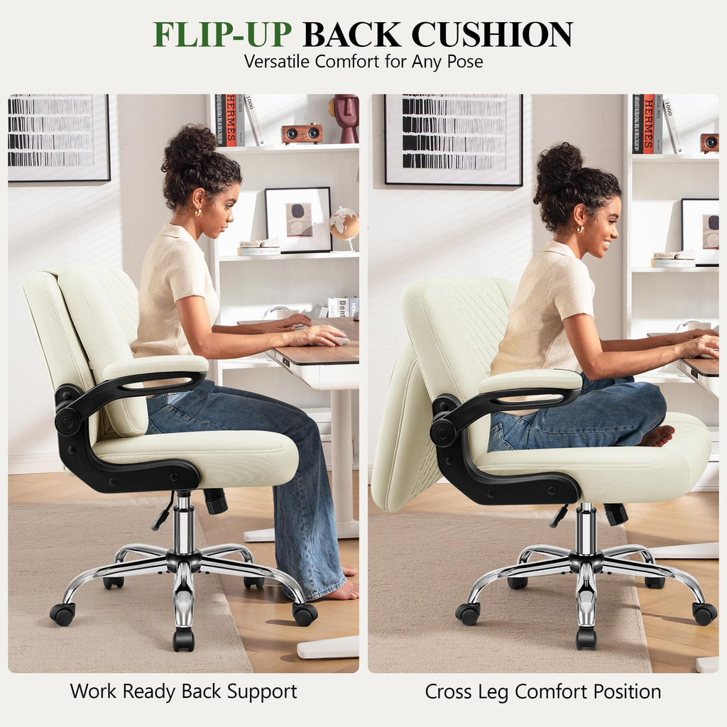 Criss Cross Office Chair with 2-in-1 Flip Backrest – Ergonomic PU Leather Floor Sitting Chair, Adjustable Height, 360° Swivel & Flip-Up Arms, Extra-Wide Seat for Home Office, Vanity, Nail Salon-White