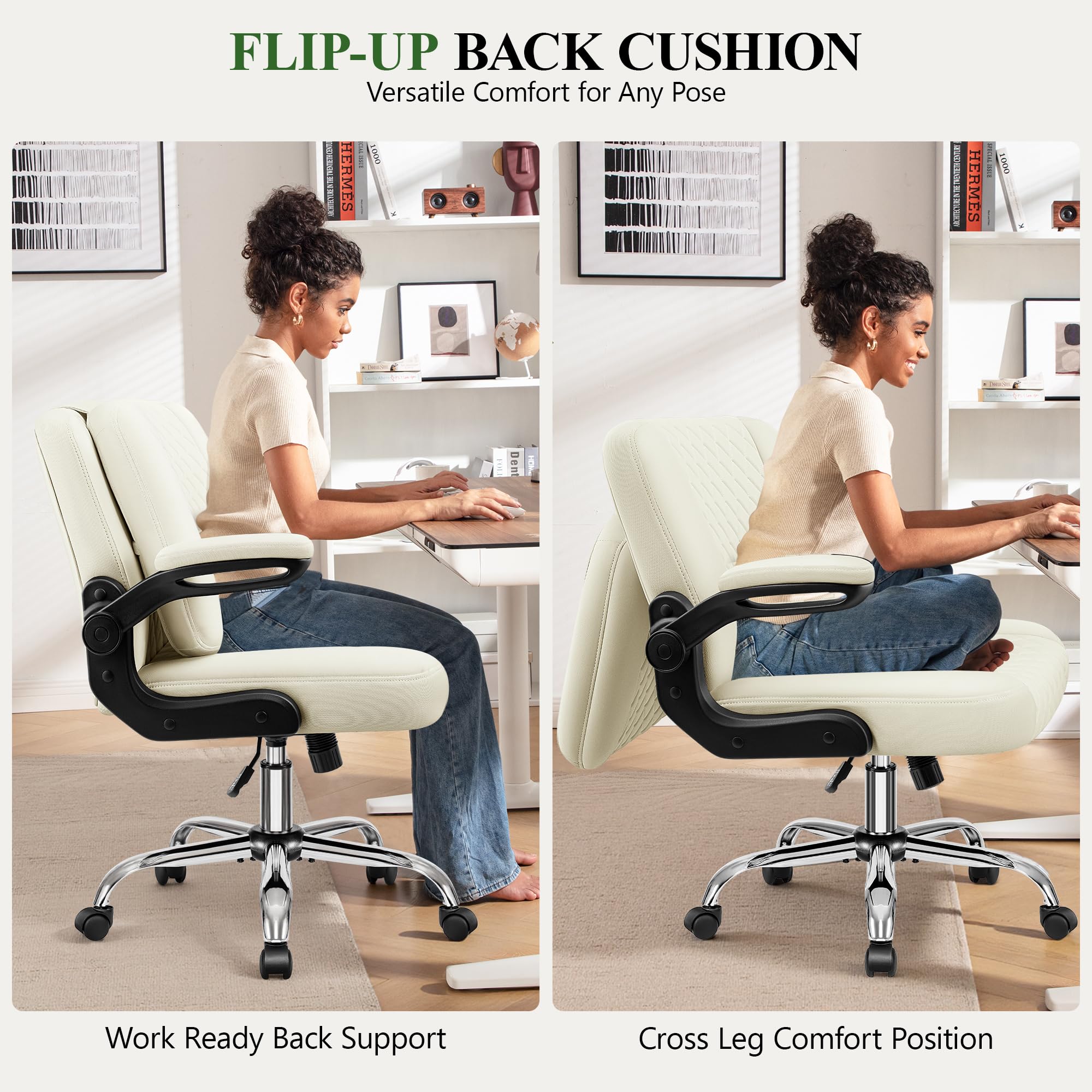 Criss Cross Office Chair with 2-in-1 Flip Backrest – Ergonomic PU Leather Floor Sitting Chair, Adjustable Height, 360° Swivel & Flip-Up Arms, Extra-Wide Seat for Home Office, Vanity, Nail Salon-White