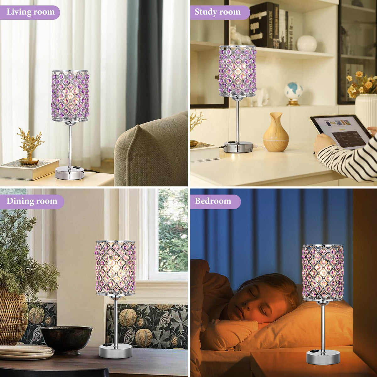 Crystal Lamps for Night Stands, Purple Table Lamp for Bedroom